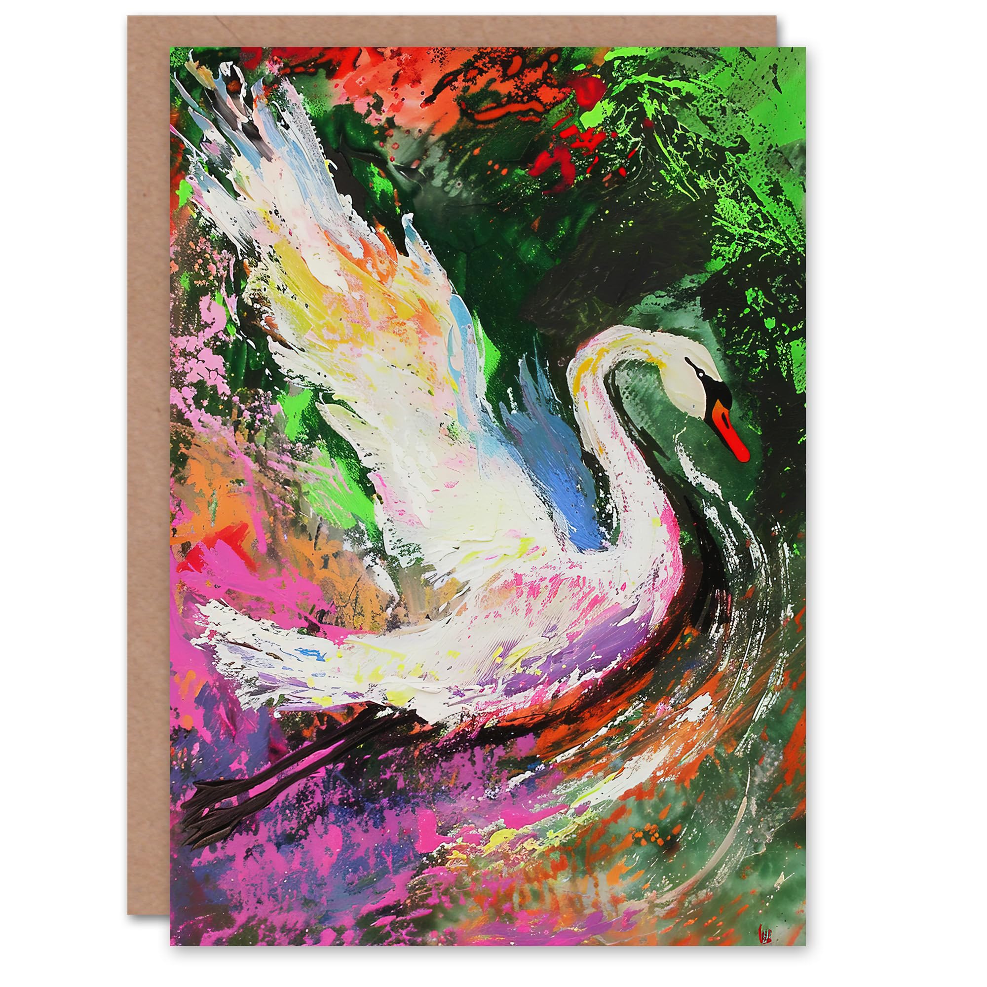Artery8 Greeting Card Swan Landing on Lake Colourful Painting Blank For Him Or Her Art Birthday Card