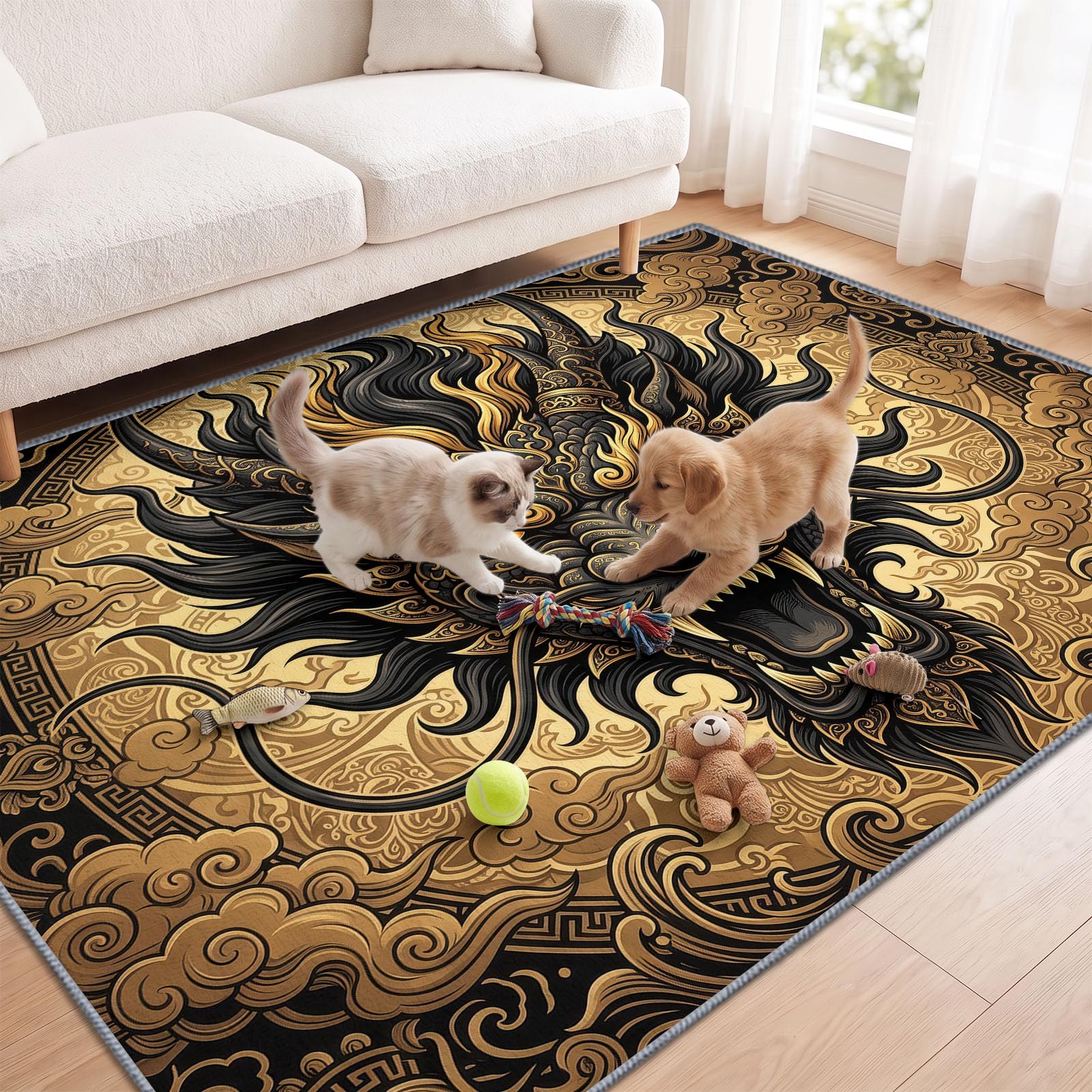 Tête Dragon Noir Nuages Fastes Tapis Salon Antidérapant Lavable 140x200cm