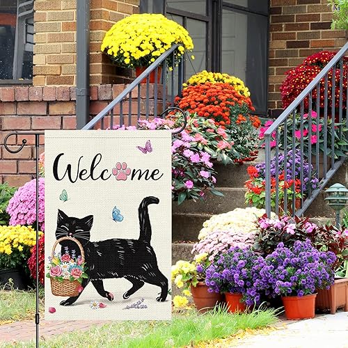 Miniatura 2 de Louise Maelys Bandera de bienvenida de primavera para jardín, 12 x 18 pulgadas, arpillera de doble cara, pequeña vertical con gato negro floral para