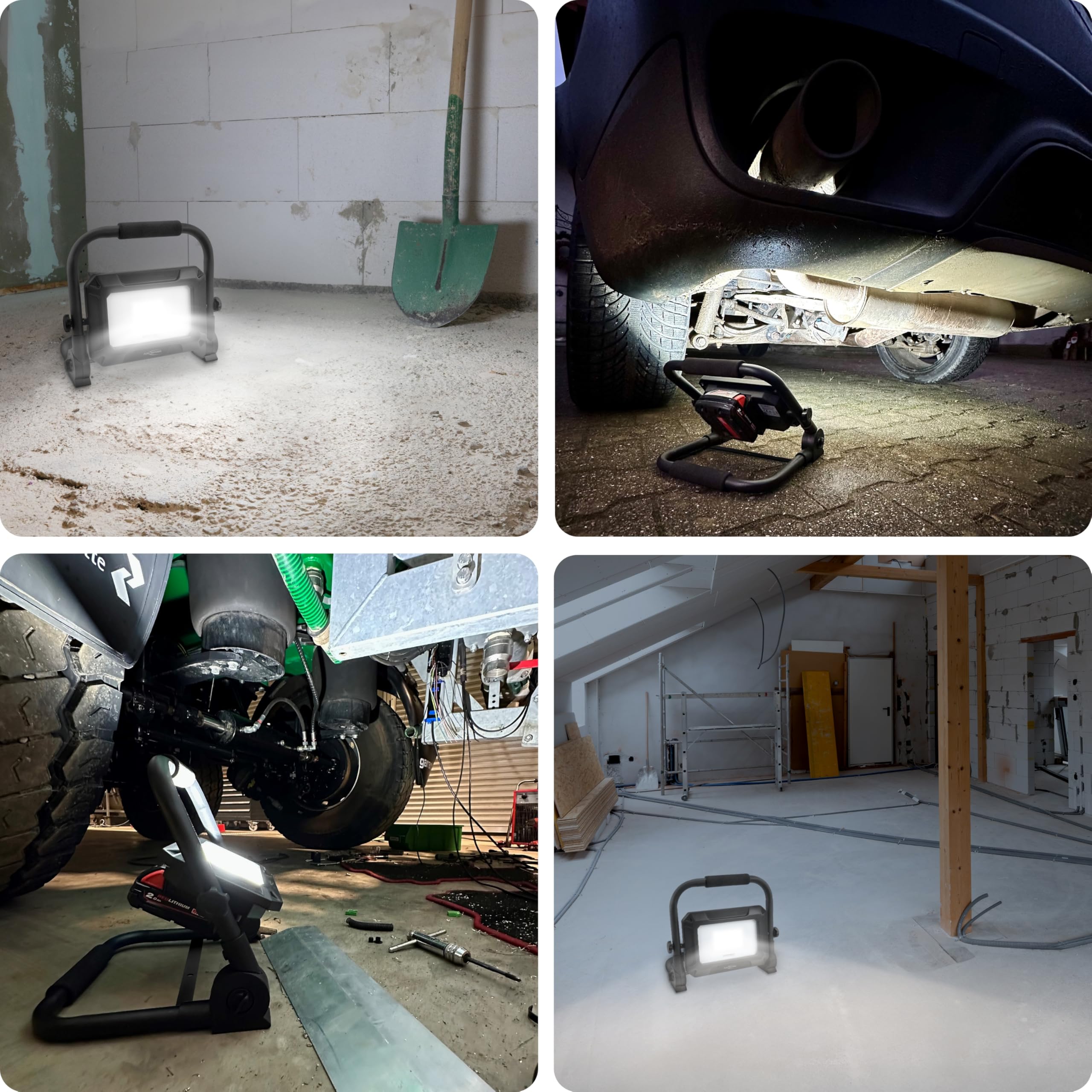 ANSMANN LED Arbeitsleuchte, kompatibel mit 18V Akkupacks, inkl. Adapterplatten für Bosch, Makita, Milwaukee/Dewalt, robuster Baustrahler für Werkstatt, Baustelle 50 Watt, 3 Helligkeitsstufen