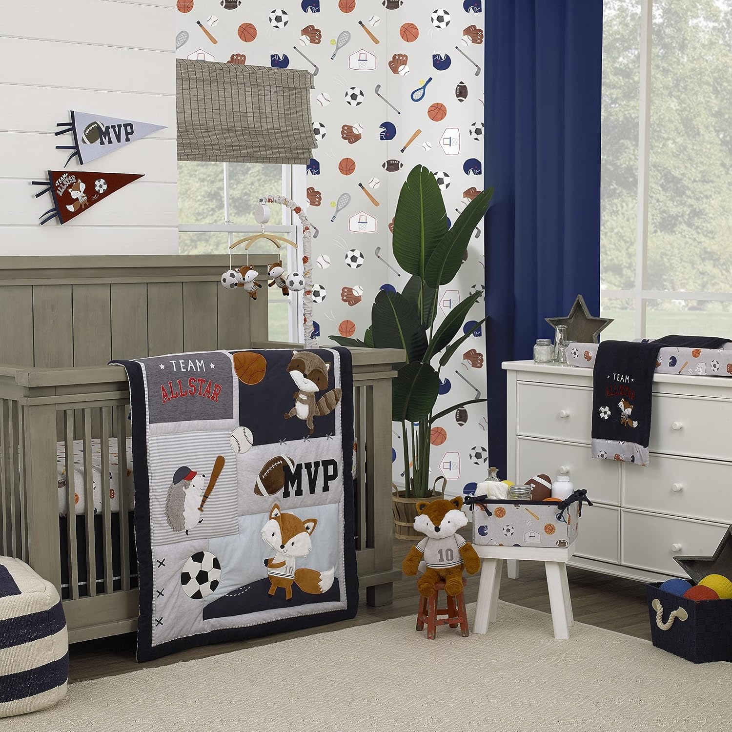 NoJo Team All Star Brown, White, Black & Grey, Fox with Soccer Balls Plush Musical Mobile, Brown, White, Black, Grey