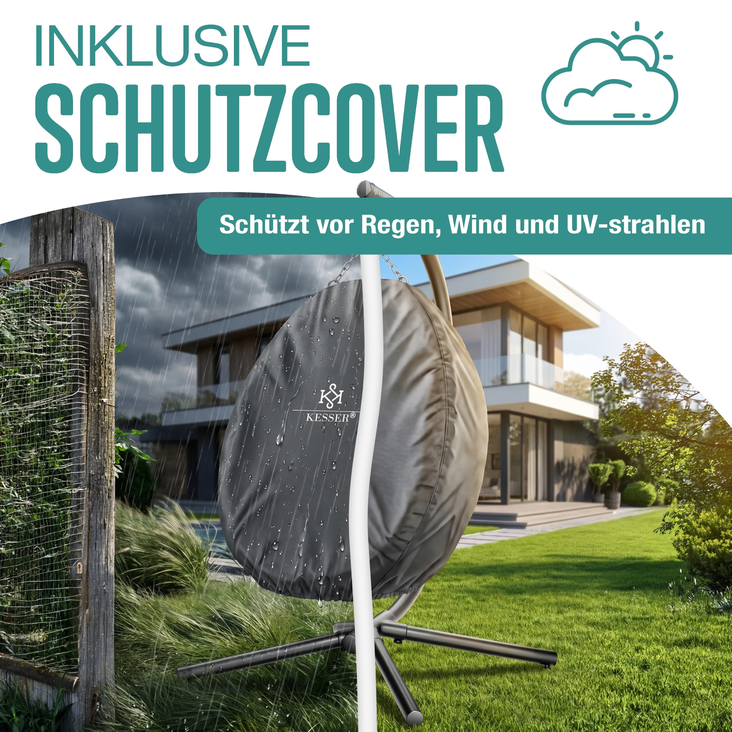 KESSER® Hängesessel mit Gestell Outdoor Indoor Schaukelstuhl Polyrattan 360° 150kg Tragkraft inkl. Polsterkissen & 2in1 Deckenhalterung + Cover – Relaxschaukel - Garten, Balkon, Terrasse, Anthrazit