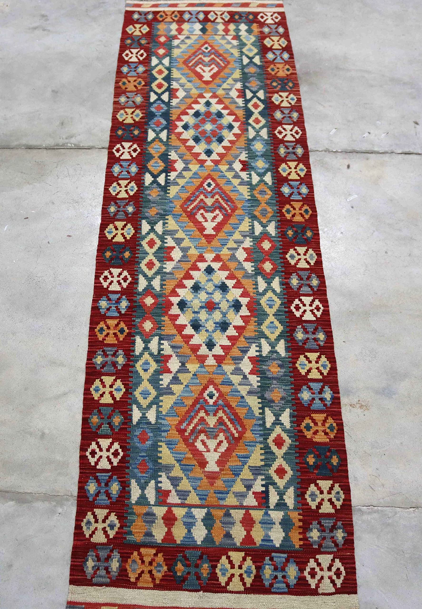 Rugstore-Outlet Genuine Afghan Kundoz Kilim Rug Red Multi Coloured 100% Wool Handwoven Tribal Nomadic Design 78 x 295 cm
