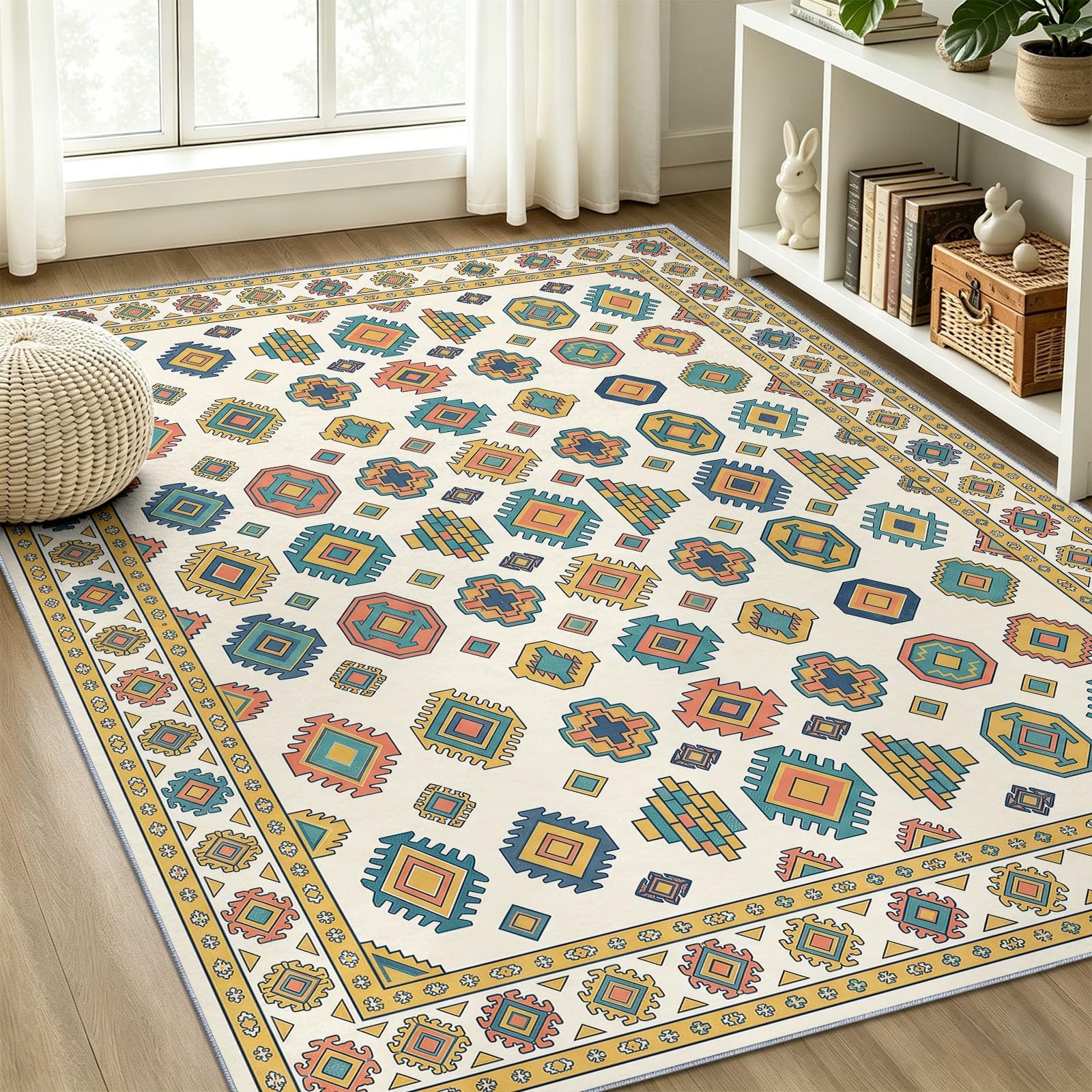 Tappeto bohémien per soggiorno beige, a pelo basso, vintage, tradizionale, etnico, geometrico, esagonale, lavabile, antiscivolo, 60 x 90 cm, grande, per camera da letto, sala da pranzo, ufficio