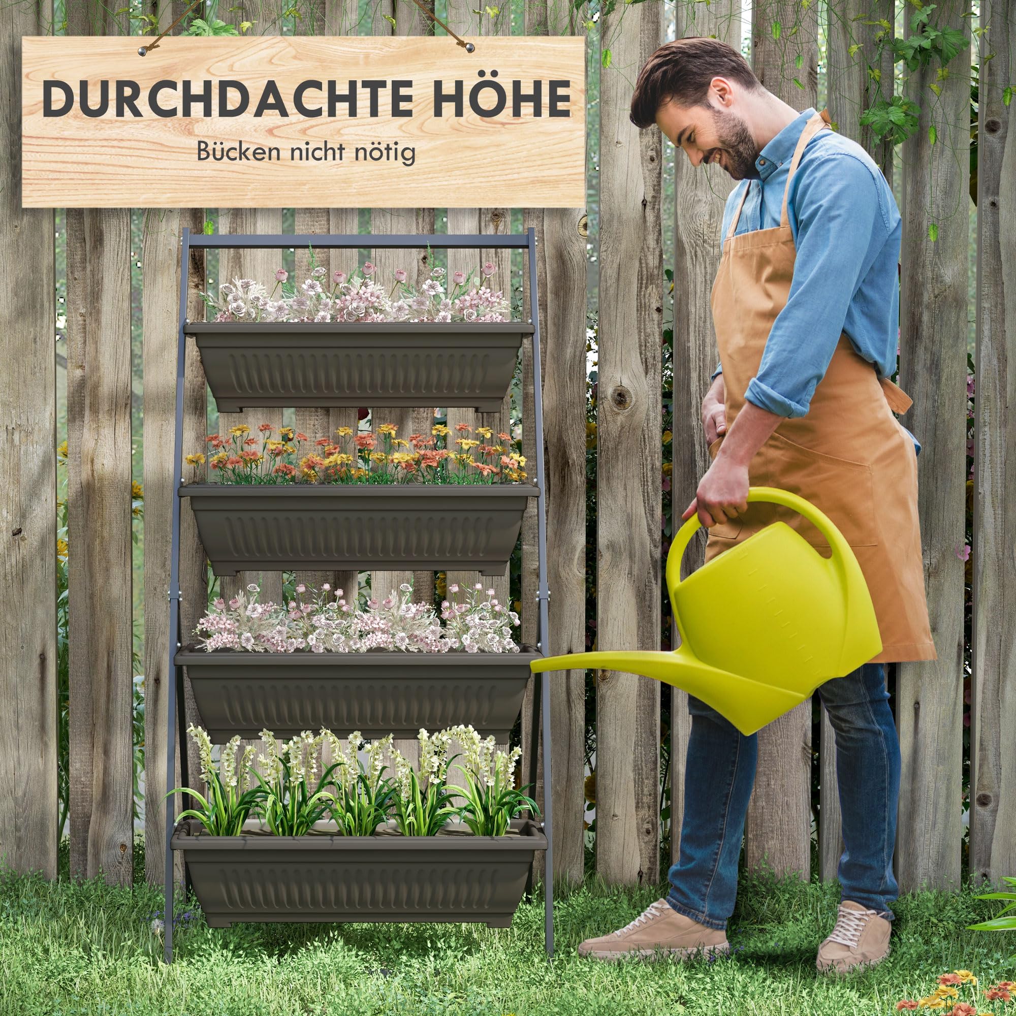 Outsunny Pflanzenständer Pflanzentreppe 4 Etagen Braun 76 x 79 x 162 cm | Pflanzenregal mit Löchern, Blumenregal für Garten, Stahl