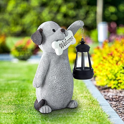 Miniatura 2 de Estatua solar de jardín para perros con luz de linterna, estatua de perro al aire libre de 9.2 pulgadas para decoración de patio, jardín, bonito