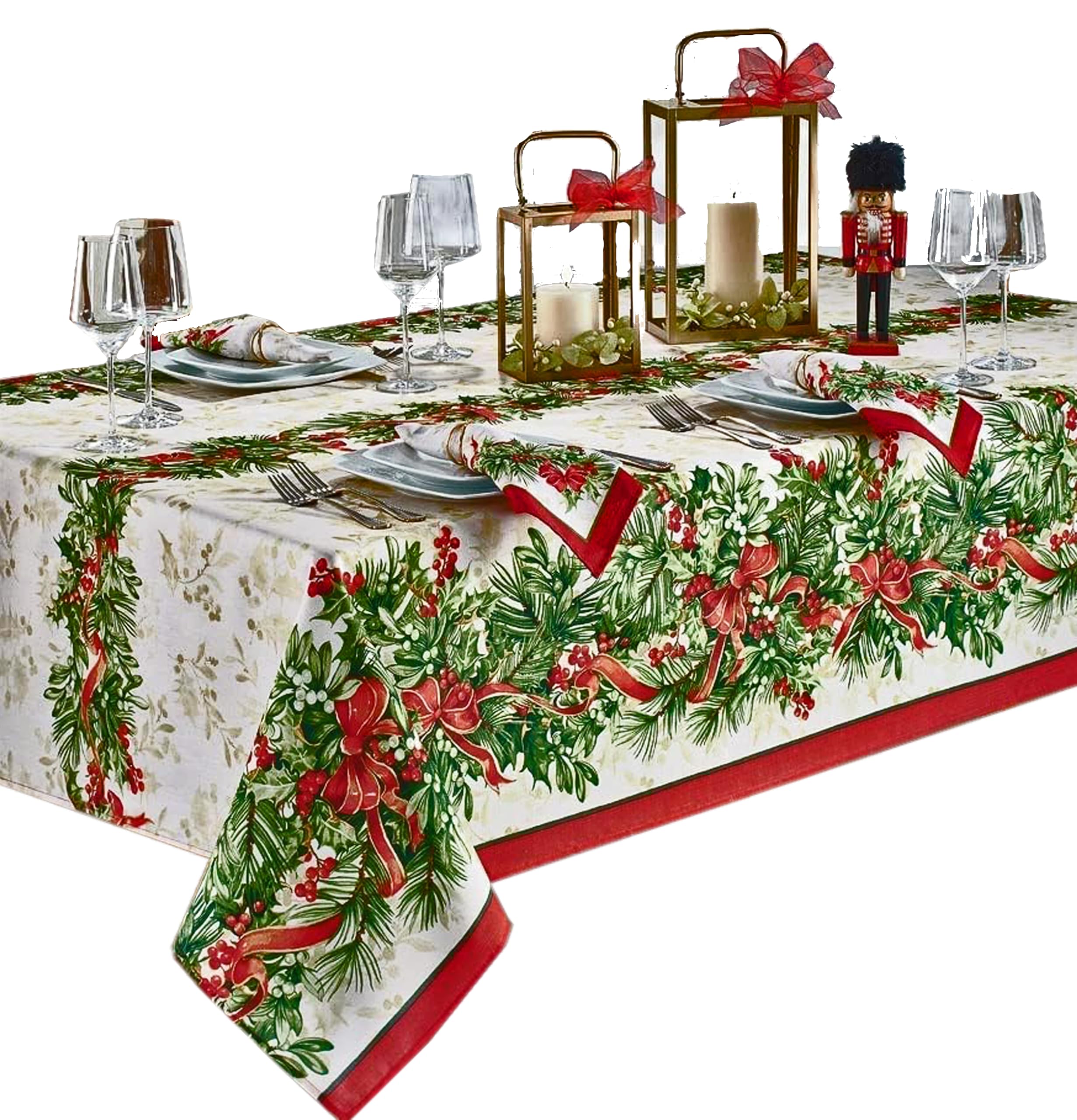 Newbridge Christmas Holly Ribbon Traditions Bordered 52 x 70 Inch Rectangle Fabric Tablecloth, Boughs of Holly and Berry Ribbon Garland Dining Table