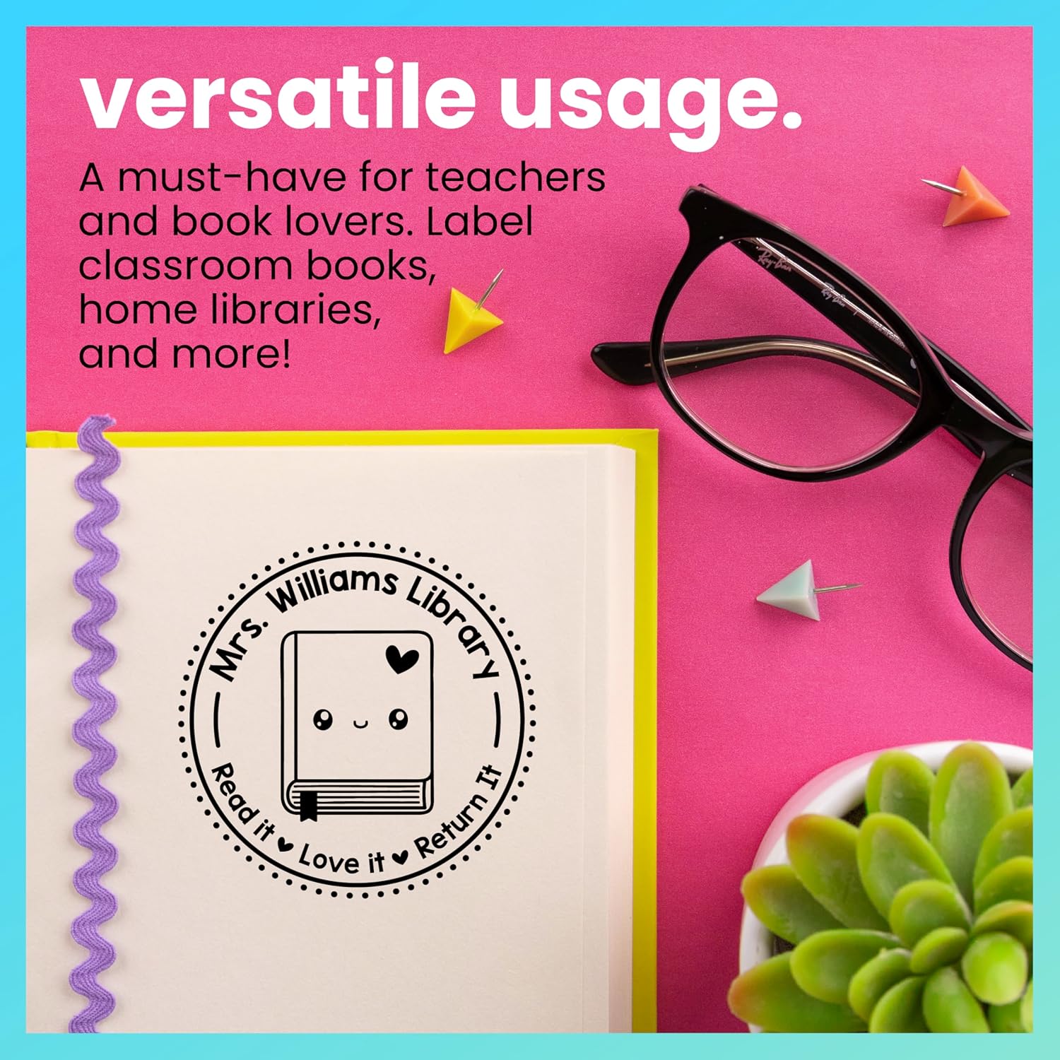 ExcelMark Personalized Teacher Book Stamps - Available in 39 Designs and 5 Color Options (Happy Bookmark)