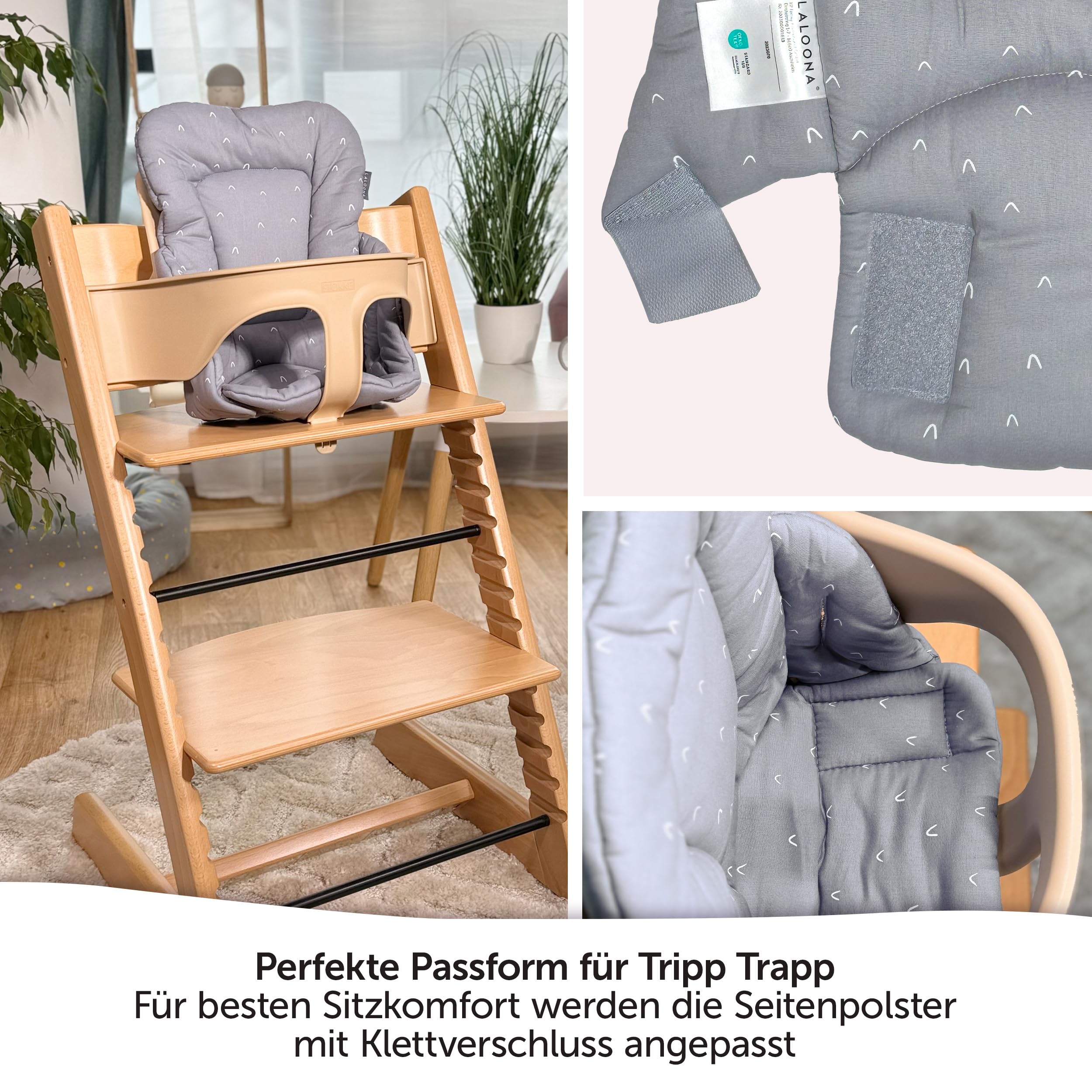 LaLoona Sitzverkleinerer für Hochstuhl Stokke Tripp Trapp - weiches Baby Sitzpolster aus Baumwolle, OEKO-TEX Standard 100 geprüft und maschinenwaschbar, gemustert - Grau