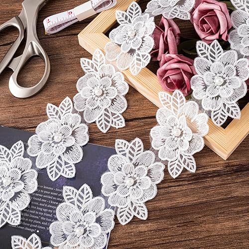 Miniatura 7 de Joez Wonderful 2 yardas de encaje de flores, 3D bordado de perlas de poliéster, cinta de tela de encaje de flores para manualidades, manualidades,