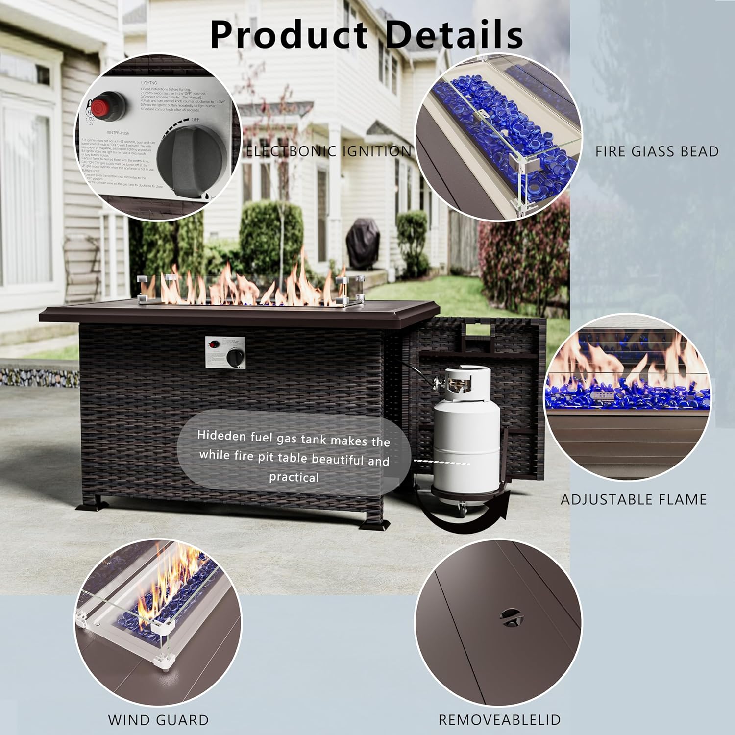 43" Propane Fire Pit Table 55,000 BTU, Gas Fire Pit with Glass Wind Guard and Metal Lid,CSA Certification Outdoor Fire Pit Auto-Ignition