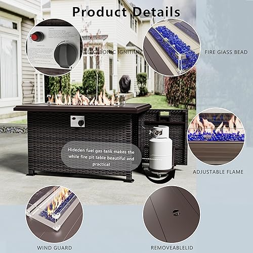 Miniatura 2 de ASJMR Mesa para fogata de propano de 43 pulgadas, 55,000 BTU, hoguera de gas con protector de viento de vidrio y tapa de metal, certificación CSA