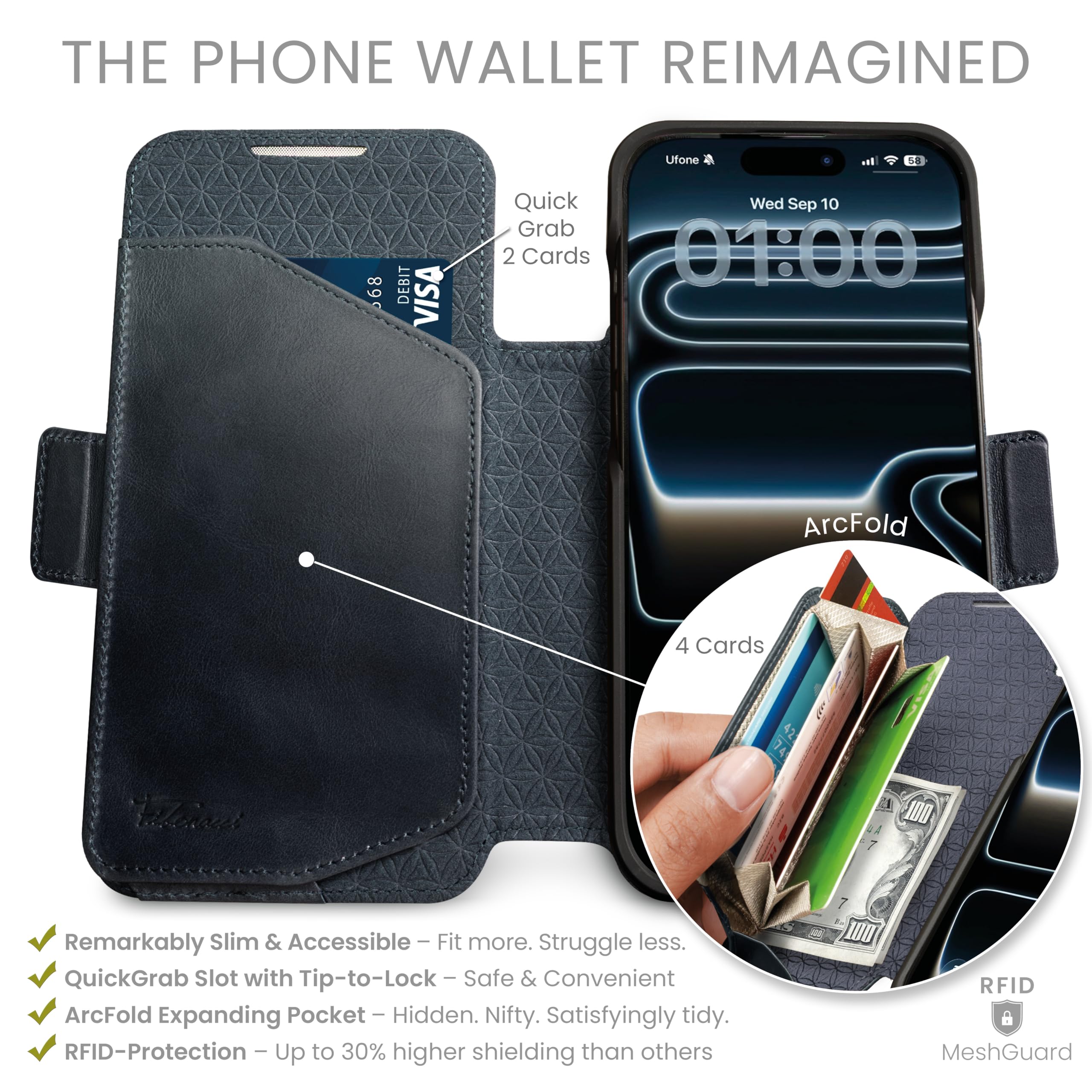 dreem iPhone 17 Pro Max Case, Genuine Leather Phone Case with Revolutionary Stand, Detachable Magnetic Case, RFID Protection, Gift Box [Fibonacci:Graphite Blue] - 2