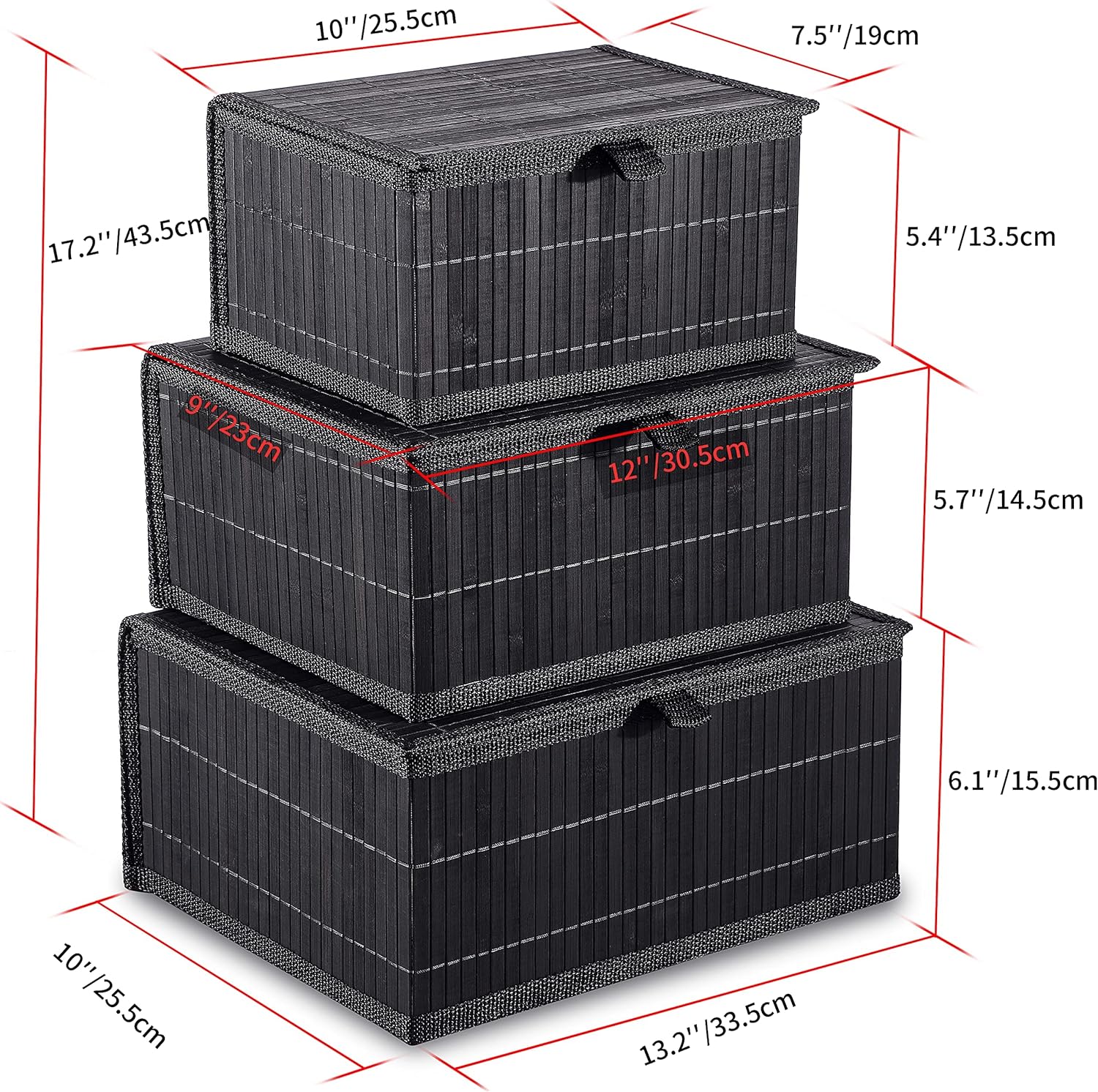 Honygebia Bamboo Decorative Storage Boxes - Set of 3 Woven Lined Storage Basket with Lids, Black Wicker Lidded Baskets for Home Kitchen Shelf Organizer Decor