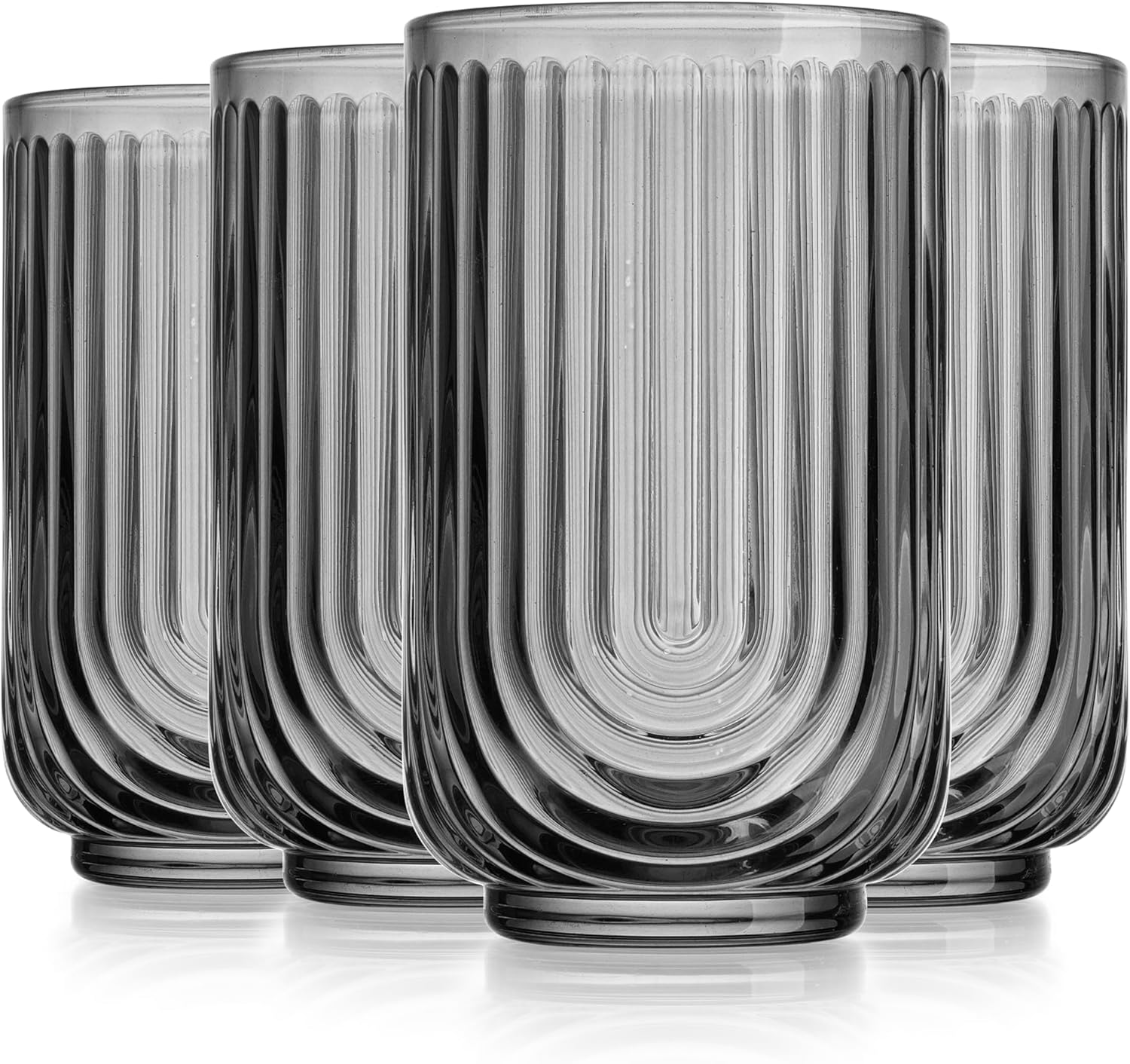 Glaver's Vintage Glassware Art Deco Glasse Ribbed Drinking Glasses U-Shape Arch Design Colored Cocktail Kitchen Tumblers Everyday Dinner Decorative Party (Smoke S/4 17oz) - Image 9