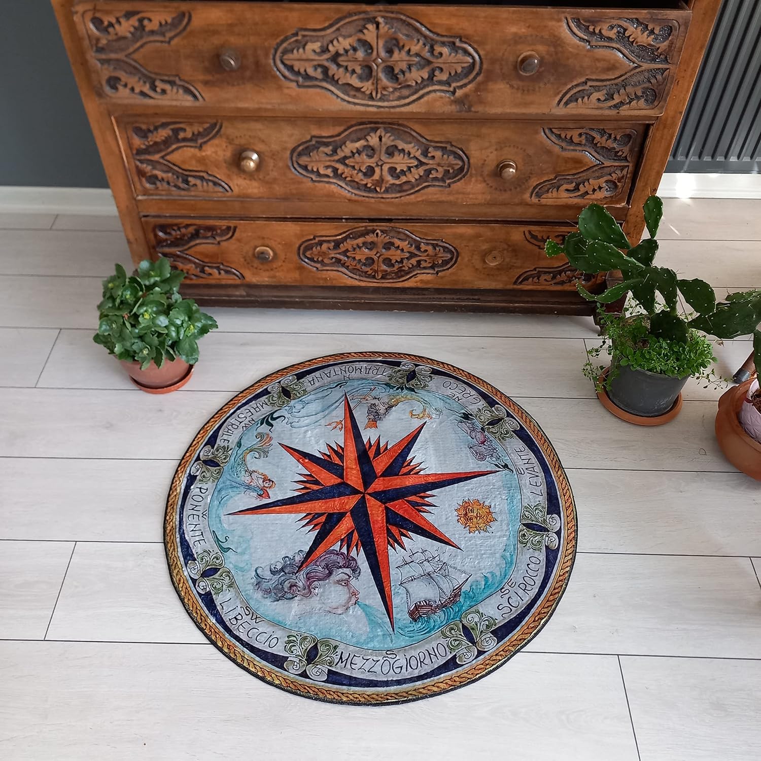 Compass Rug Cool Round Area Rug Hypebeast Rug Yacht Mat Boat Mat Soft Ultra Soft Non Slip Summer House Carpet Luxury Home Decor (2x2 ft., Model - 2)