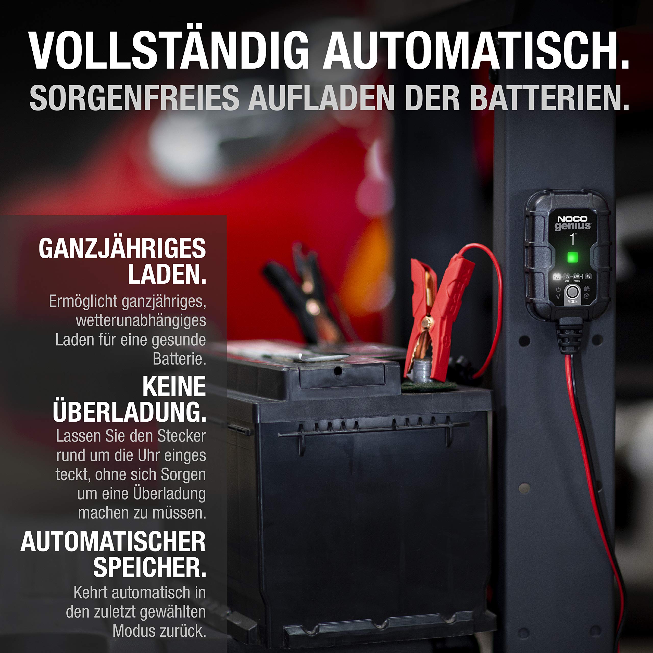 NOCO GENIUS1: 1A Batterieladegerät für Auto & Motorrad — 6V/12V Erhaltungsladegerät & Entsulfator — Für AGM, Lithium (LiFePO4) & Start-Stopp-Batterien