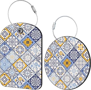 2 Pack Idea Luggage Tag for Suitcases Azulejos Patchwork Travel Leather Luggage Tags with Name Address Privacy Flap and Steel Loop Airport Cruise Baggage Tags (Square and Round)