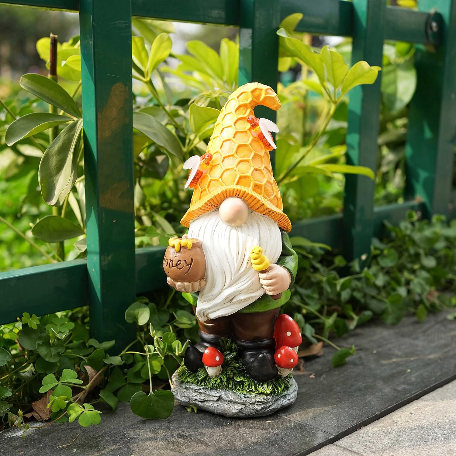 Garden Gnome Statue with Solar LED Lights, 10.8’’ Resin Bee Gnome Figurine Holding Honey Jar with Mushroom, Garden Sculpture Lawn Ornament for Patio Balcony Outdoor Decor (Yellow)