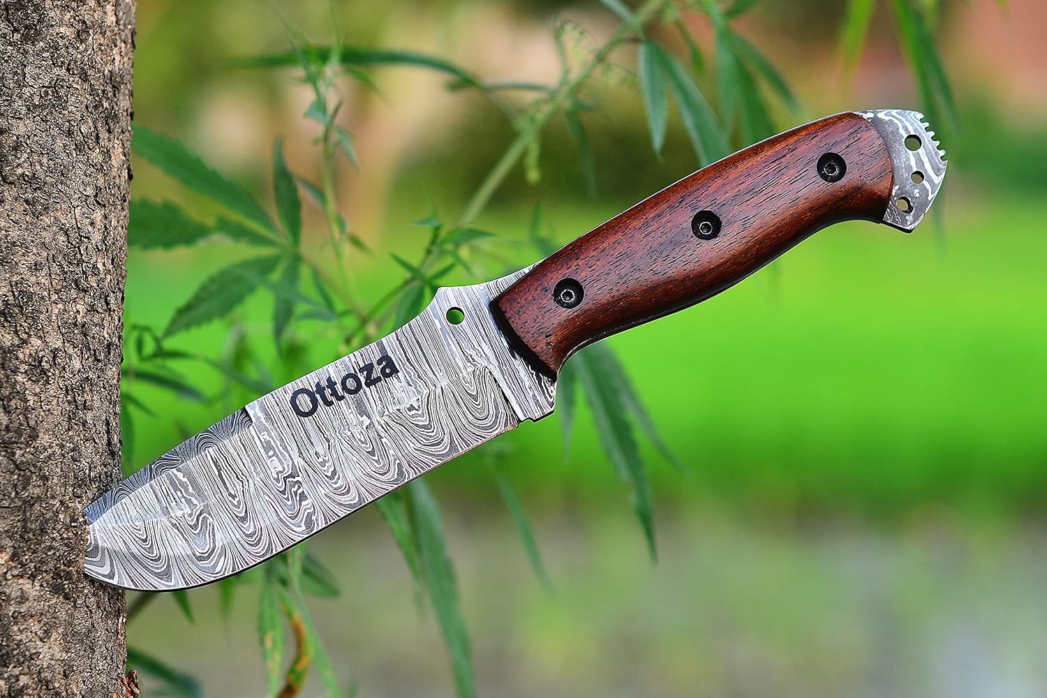 Ottoza Fixed Blade Hunting Knife with Leather Sheath and Horizontal Carry - Wood Handle - Full Tang Outdoor Survival and Camping Knife for Men 433