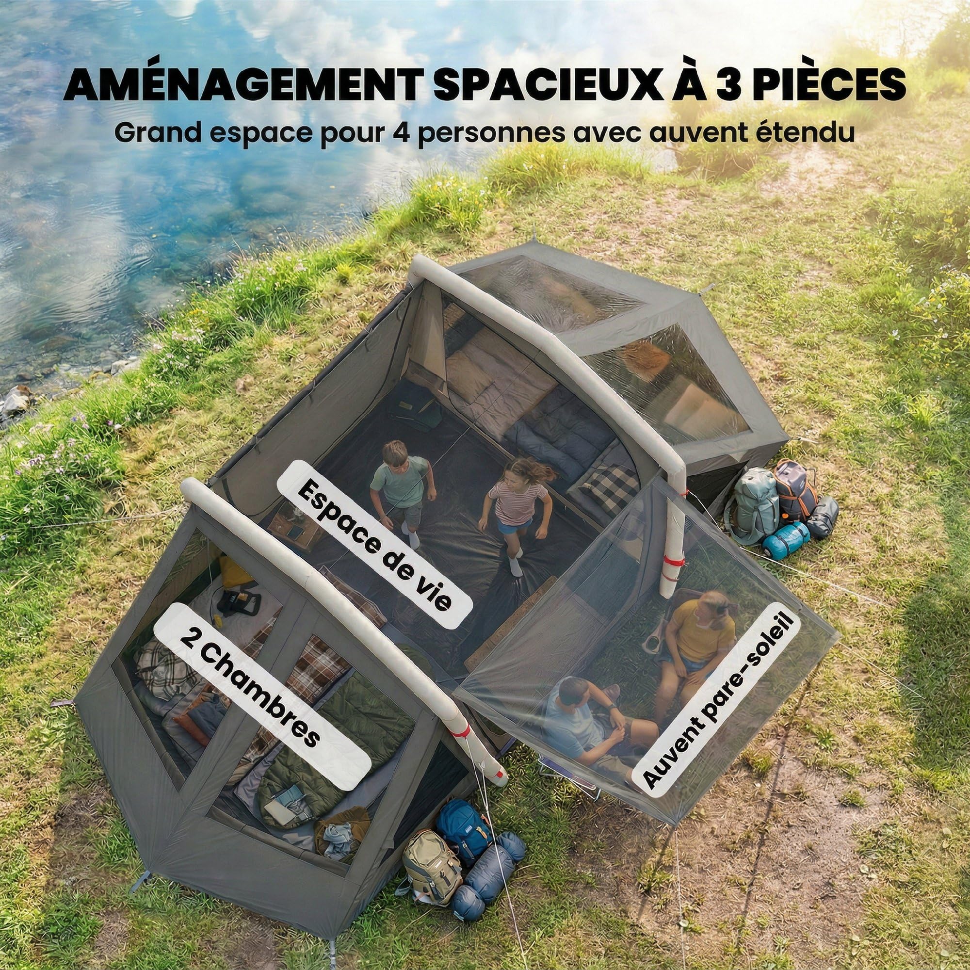 Outsunny Blackout, tenda gonfiabile da campeggio per 4 persone, tenda ad aria, lunga 5,8 m, con 2 camere da letto e soggiorno, impermeabile, 3000 mm, con pompa, tettoia e picchetti fluorescenti