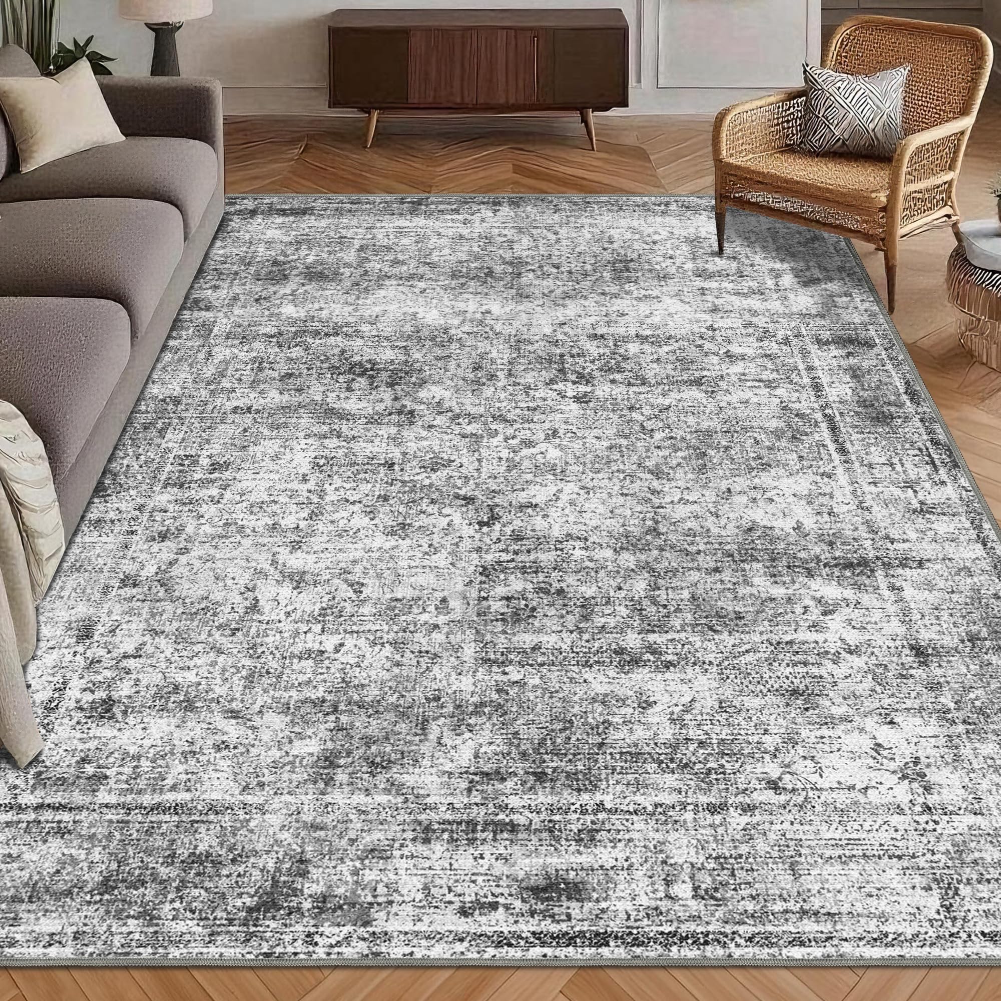 washable area rug 8' x 10' vintage traditional persian mat - foldable distressed non-slip machine washable carpet for living room bedroom kitchen home decor - graphite and mist