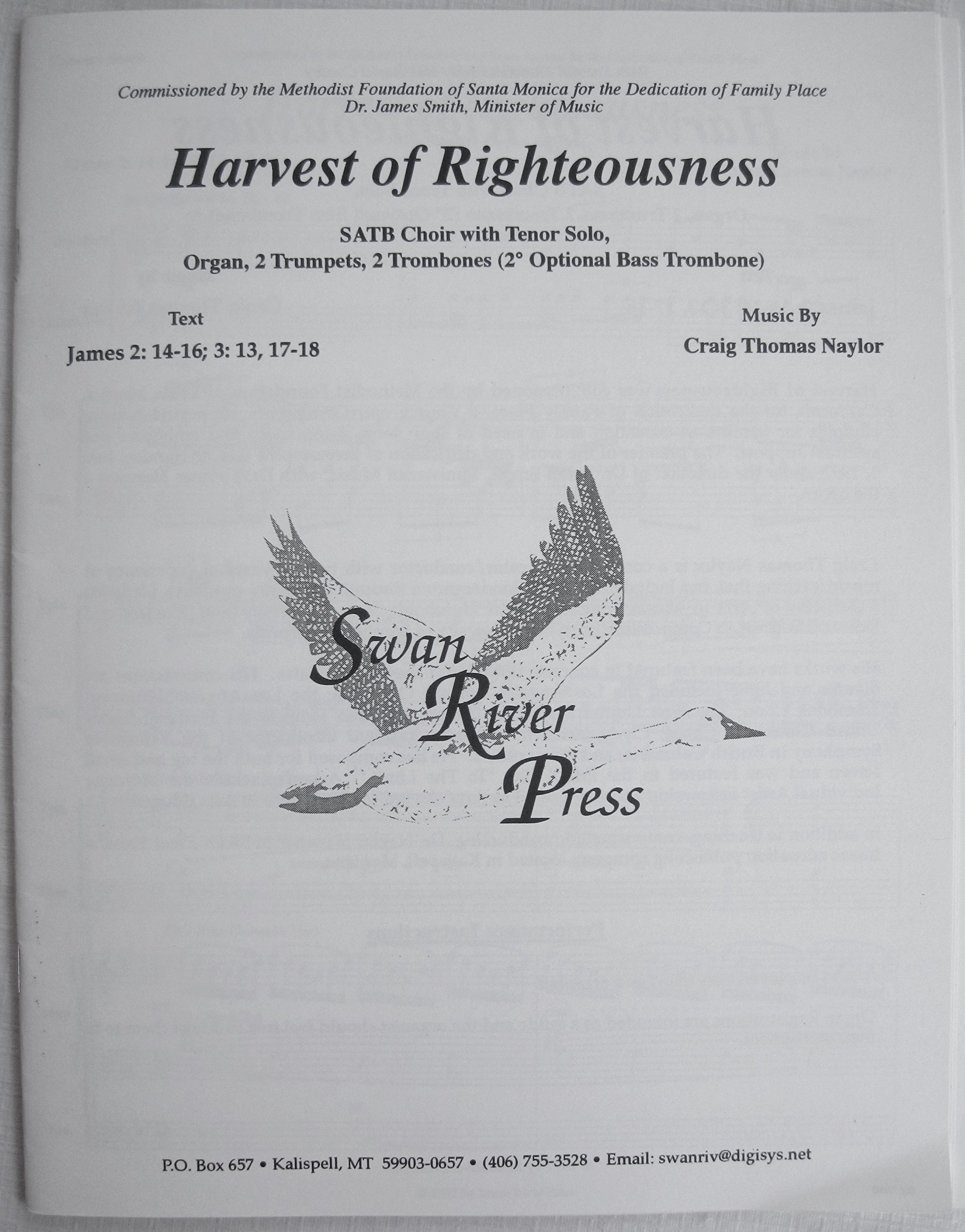 Harvest Righteousness SATB Choir with Tenor Solo, Organ, 2 Trumpets, 2 Trombones (secondary optional Bass Trombone) Score and Parts