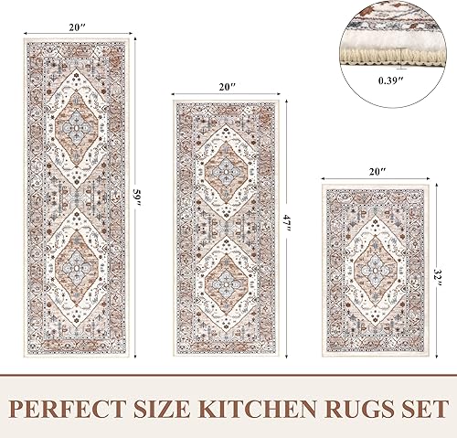 Miniatura 66 de Pauwer Juego de 3 alfombras de cocina antideslizantes y lavables para el suelo, alfombra de pasillo de cocina, alfombra bohemia para fregadero