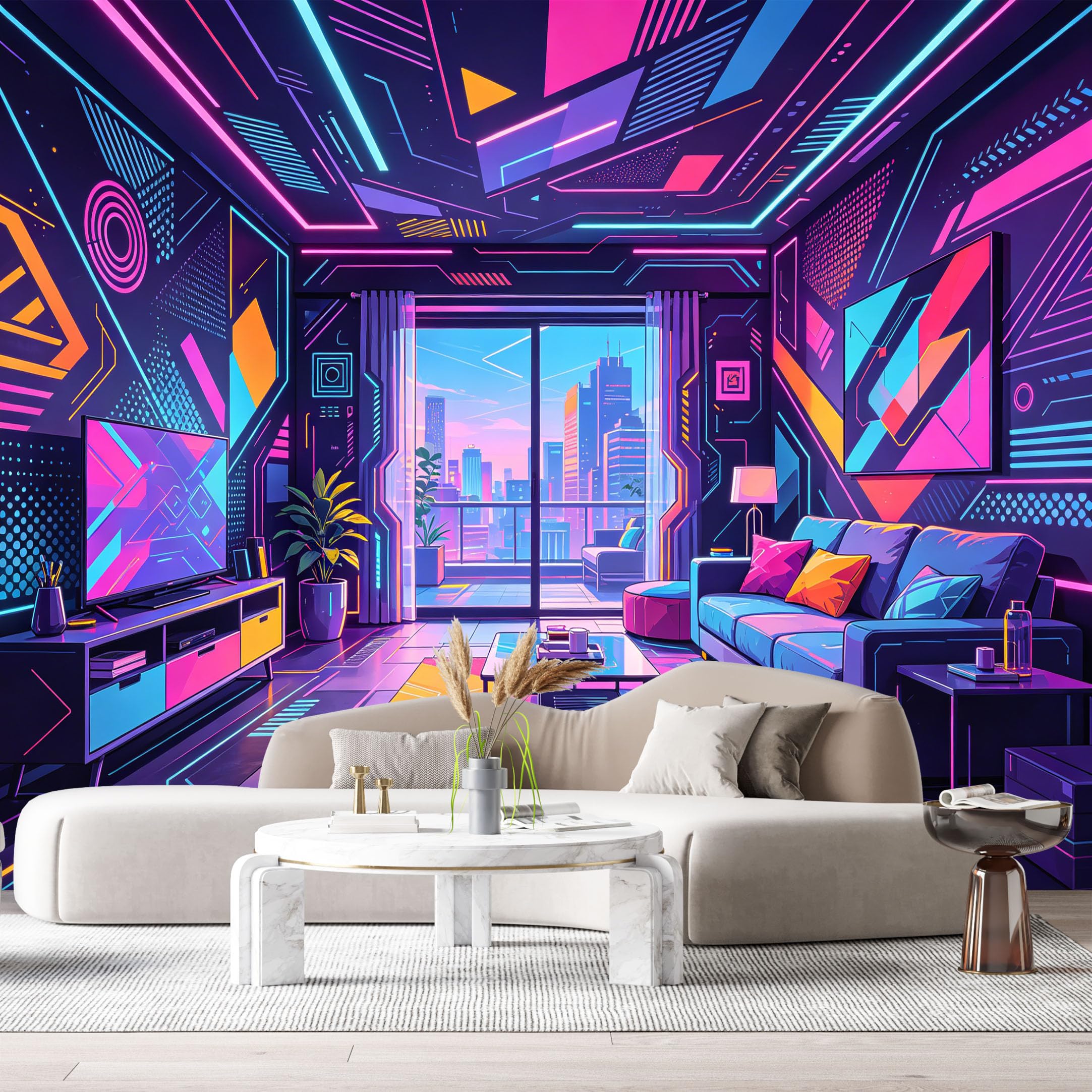 Custom Size Wall Murals Neon Cyberpunk Cityscape Modern Geometric Contemporary Style SelfAdhesive Wall Fabric Removable Large Wallpaper for Photo Living Room