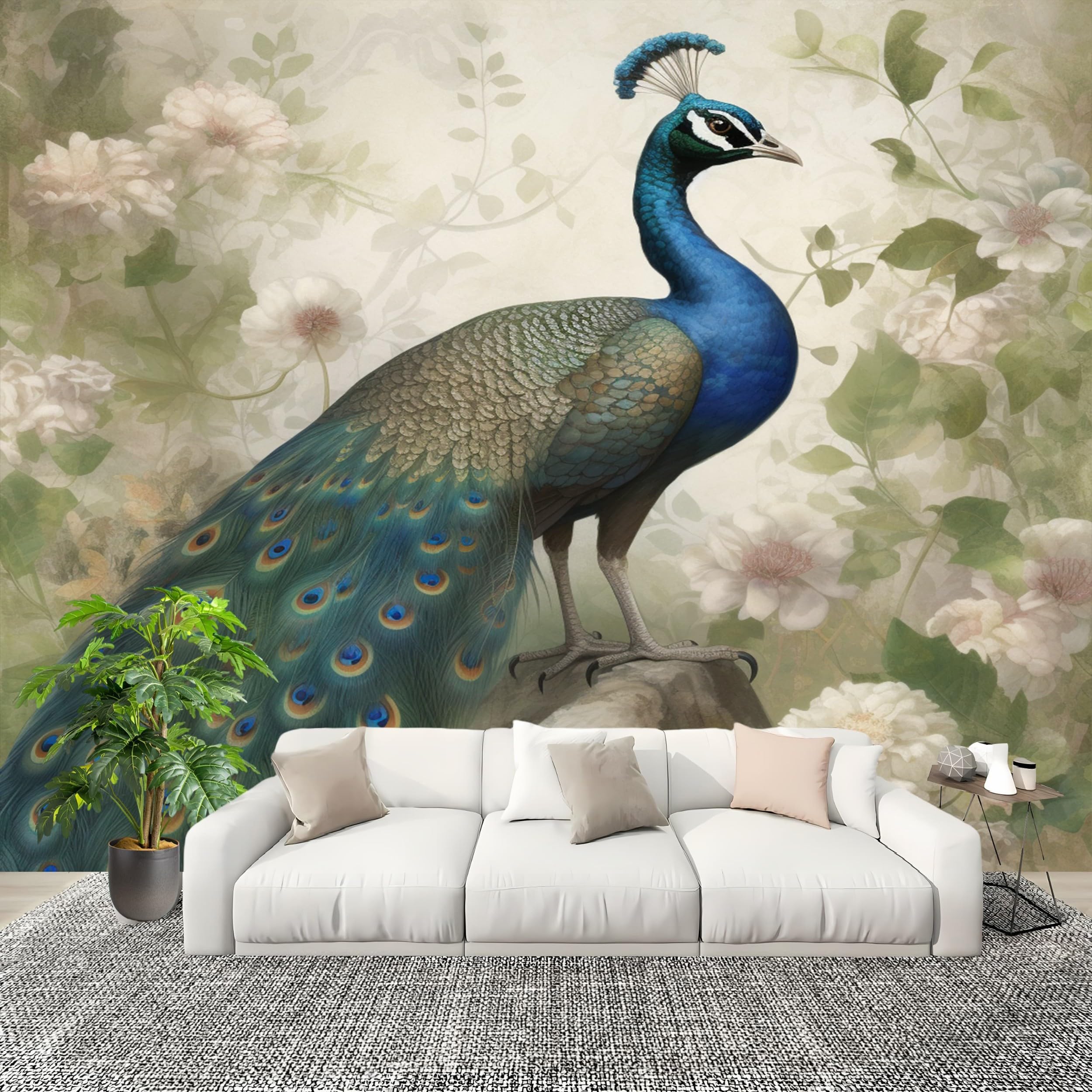 Tapeta ścienna z włókniny 400 x 280 cm sztuka paw kwiaty rośliny panoramiczna zielona tapeta gigantyczny plakat ścienny, do salonu pokój dziecięcy restauracja dekoracja ścienna