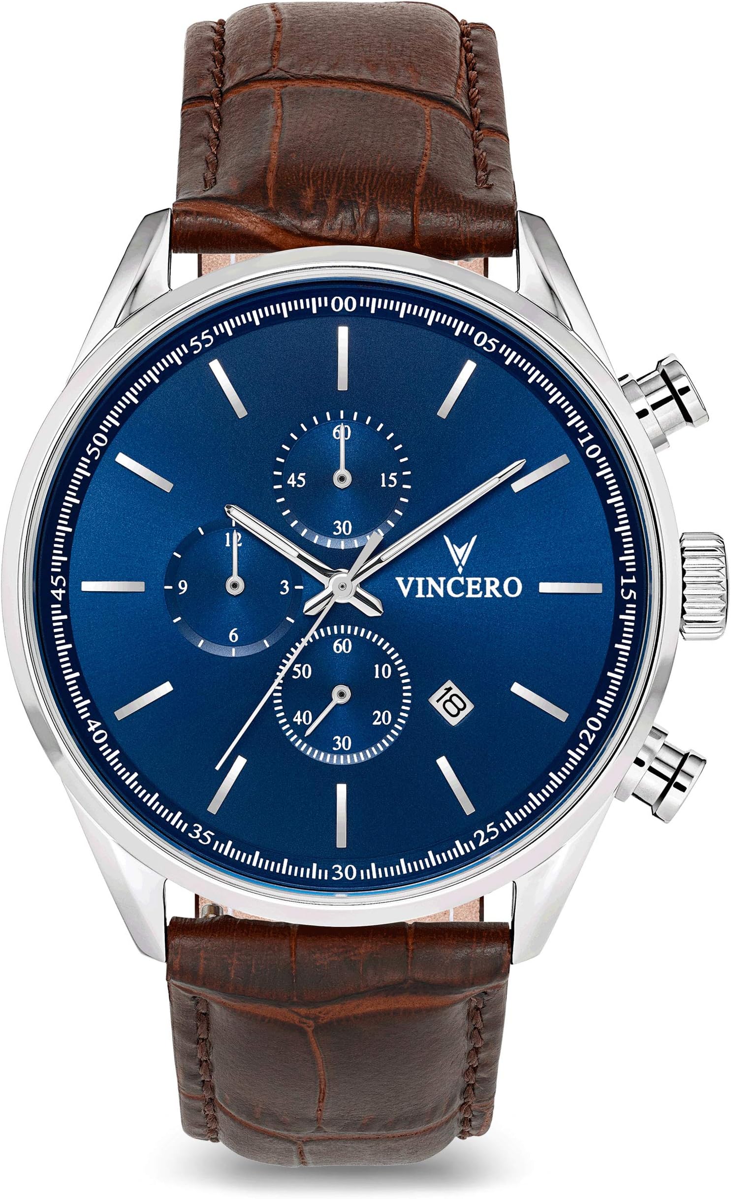 Vincero Luxury Men's Chrono S Wrist Watch - Blue dial with Brown Leather Watch Band - 43mm Chronograph Watch - Japanese Quartz Movement
