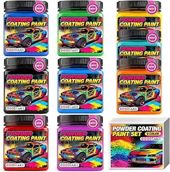 GOODTAKE 9-Color Powder Coating Jar Set Black, Red, Blue, Yellow, Green, Orange, Navy, Turquoise & Pink | Powder Coating Paint for Metal, Plastic & Laser Engraving, DIY & Craft Projects