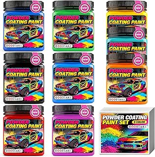 GOODTAKE 9-Color Powder Coating Jar Set: Black, Red, Blue, Yellow, Green, Orange, Navy, Turquoise & Pink | Powder Coating Paint for Metal, Plastic & Laser Engraving, DIY & Craft Projects