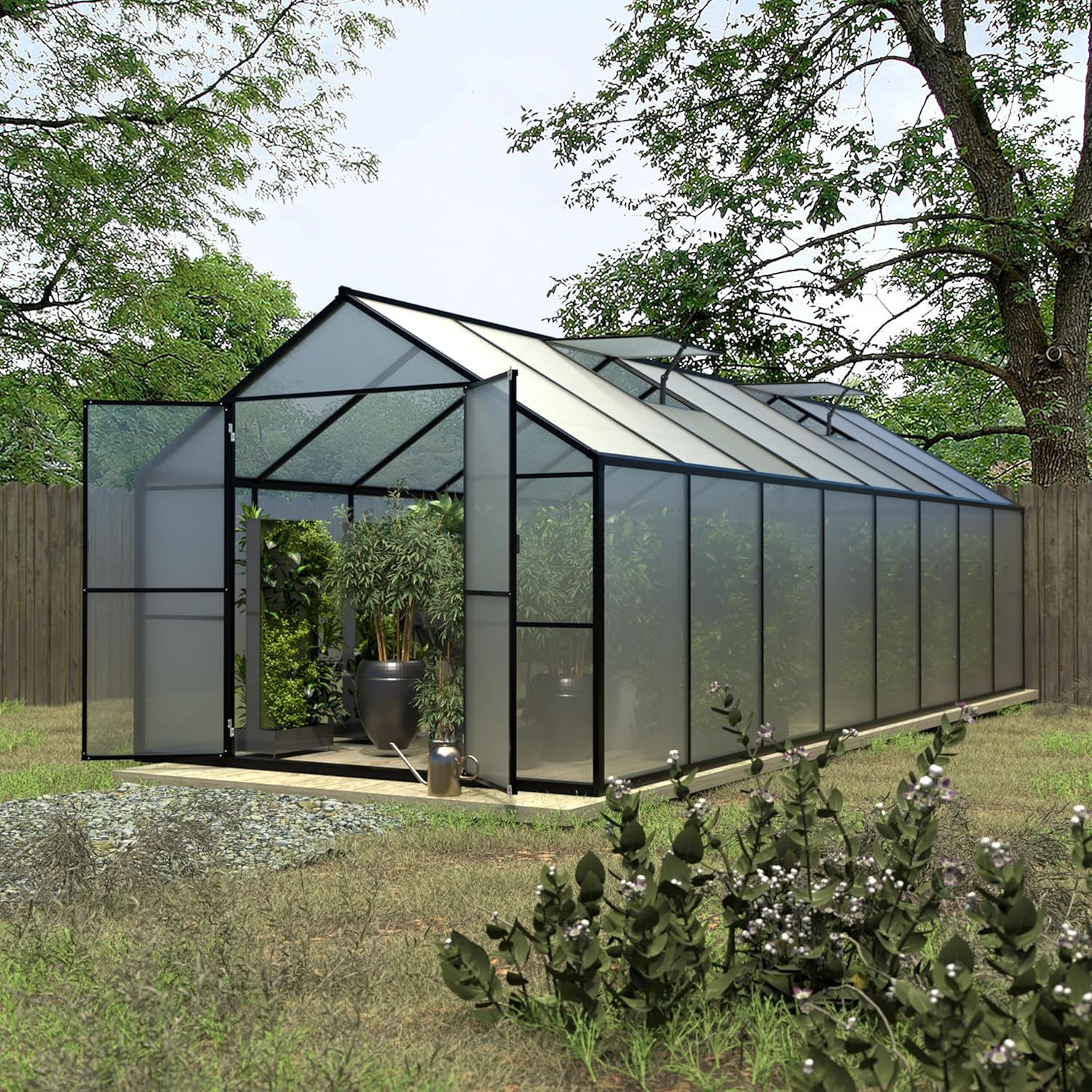 BlueWish 8x16 FT Greenhouse, Aluminum Greenhouse Kit with 4MM Polycarbonate Panel, Greenhouses for Outdoors with Rivet Structure, Adjustable Vents, Walk-in Green House for Garden, Gray