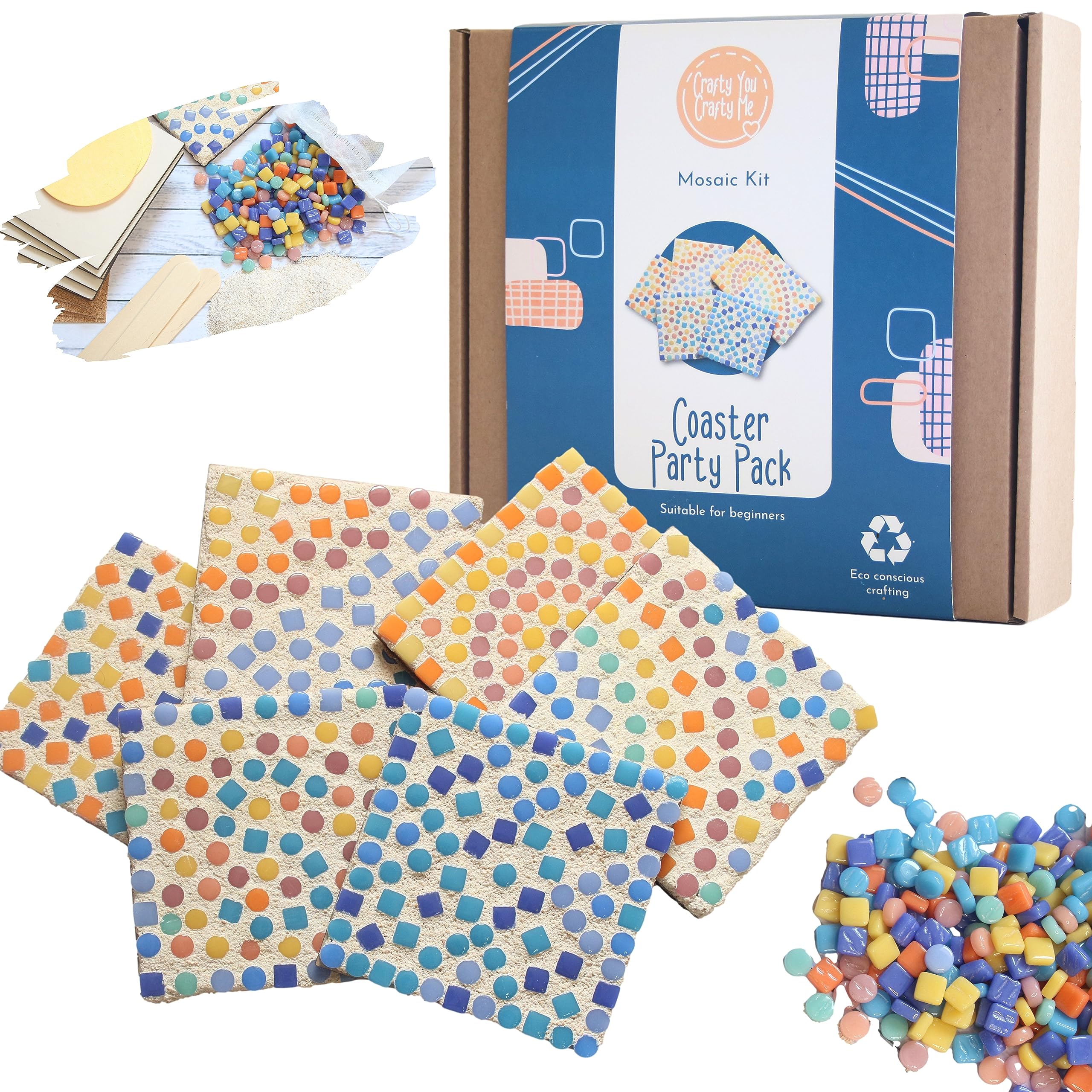 Crafty You Crafty Me - Mosaic Coasters Group Craft Kit (6 Pack - Square), Made in UK, Mixed, Rainbow