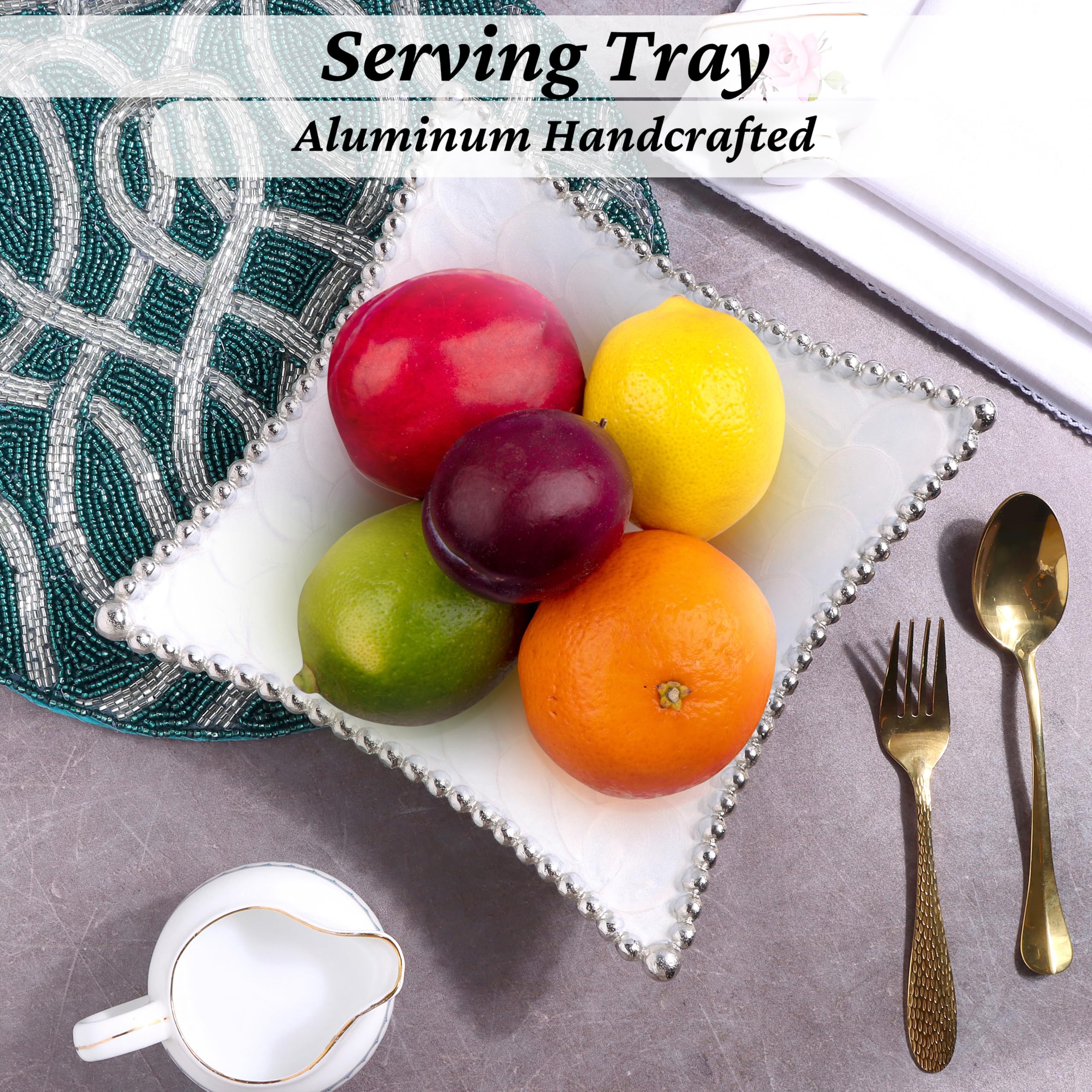 ALPHA Living HOME - Handmade Metal Serving Tray for Kitchen, Bathroom, Vanity, Decorative Fruit Bowl, Square Counter Organizer, Lightweight Aluminum Platter with Classic Silver Finish