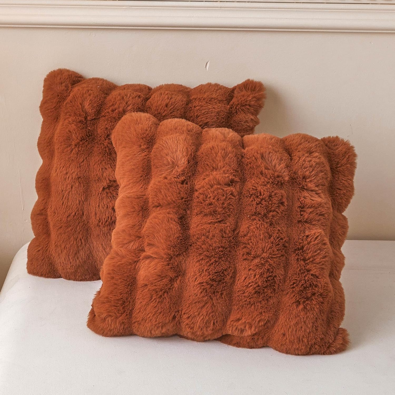 LIFEREVO 2 Pieces Fluffy Faux Rabbit Fur Throw Pillow Covers, Luxury Plush Shaggy 18x18 Bubble Cushion Covers with Zipper, Decorative Furry Fuzzy Pillow Shams for Bed Couch Sofa Chair, Burnt Orange
