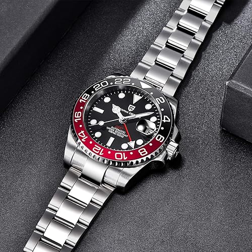 Miniatura 5 de BY BENYAR Pagani Design GMT - Reloj mecánico de cristal de zafiro de lujo, acero inoxidable de 1.575 pulgadas, resistente al agua, reloj automático