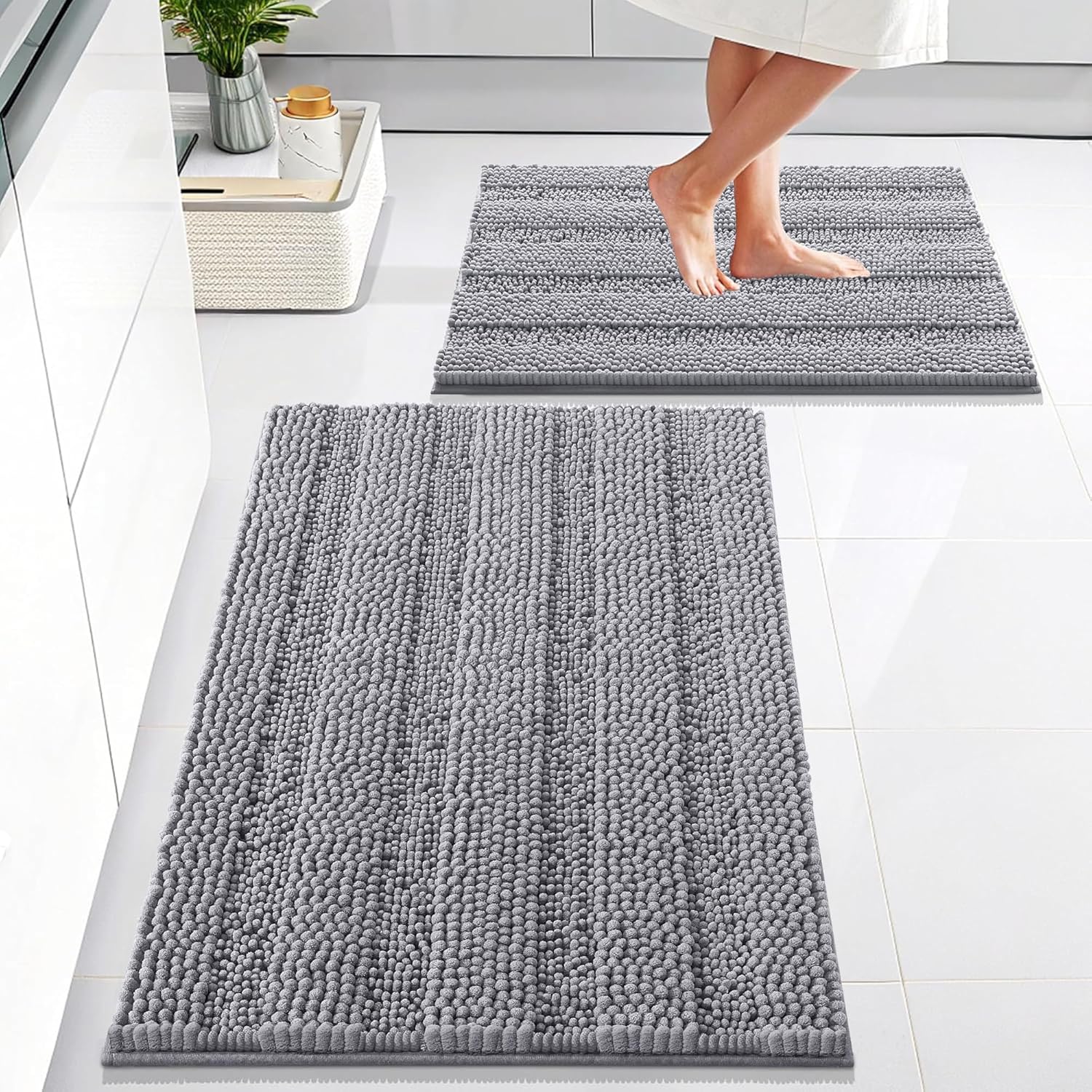 OLANLY Thick Bathroom Rugs Sets 2 Piece, Soft Absorbent Chenille Striped Bath Mats Area Rug Set, Machine Wash Dry, Bath Mats for Bathroom, Home Decor Accessories (30"x20"+24"x16", Medium Grey)