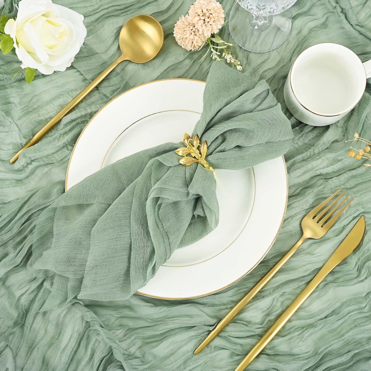 Sage Green Cheesecloth Napkins - Bulk Set of 100, 20x20 Inch Washable and Reusable Boho Cotton Gauze Cloth Napkins for Weddings, Bridal Girl Baby Shower, Party and Banquet