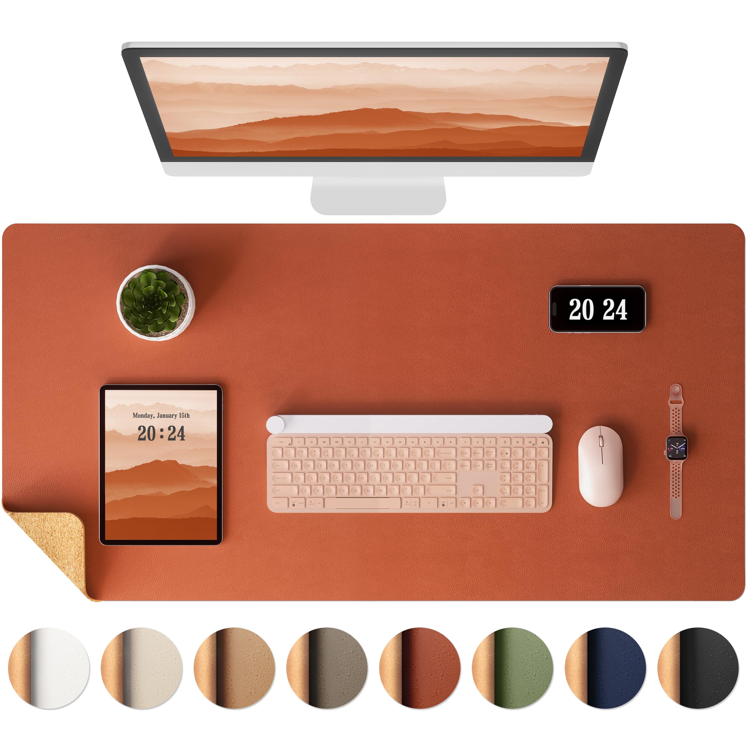 Aothia Dual-Sided Desk Pad - Leather Desk Mat, Natural Cork Desk Pad Protector, Large Mouse Pad for Desk, Waterproof Desk Blotter Pad, Desk Writing