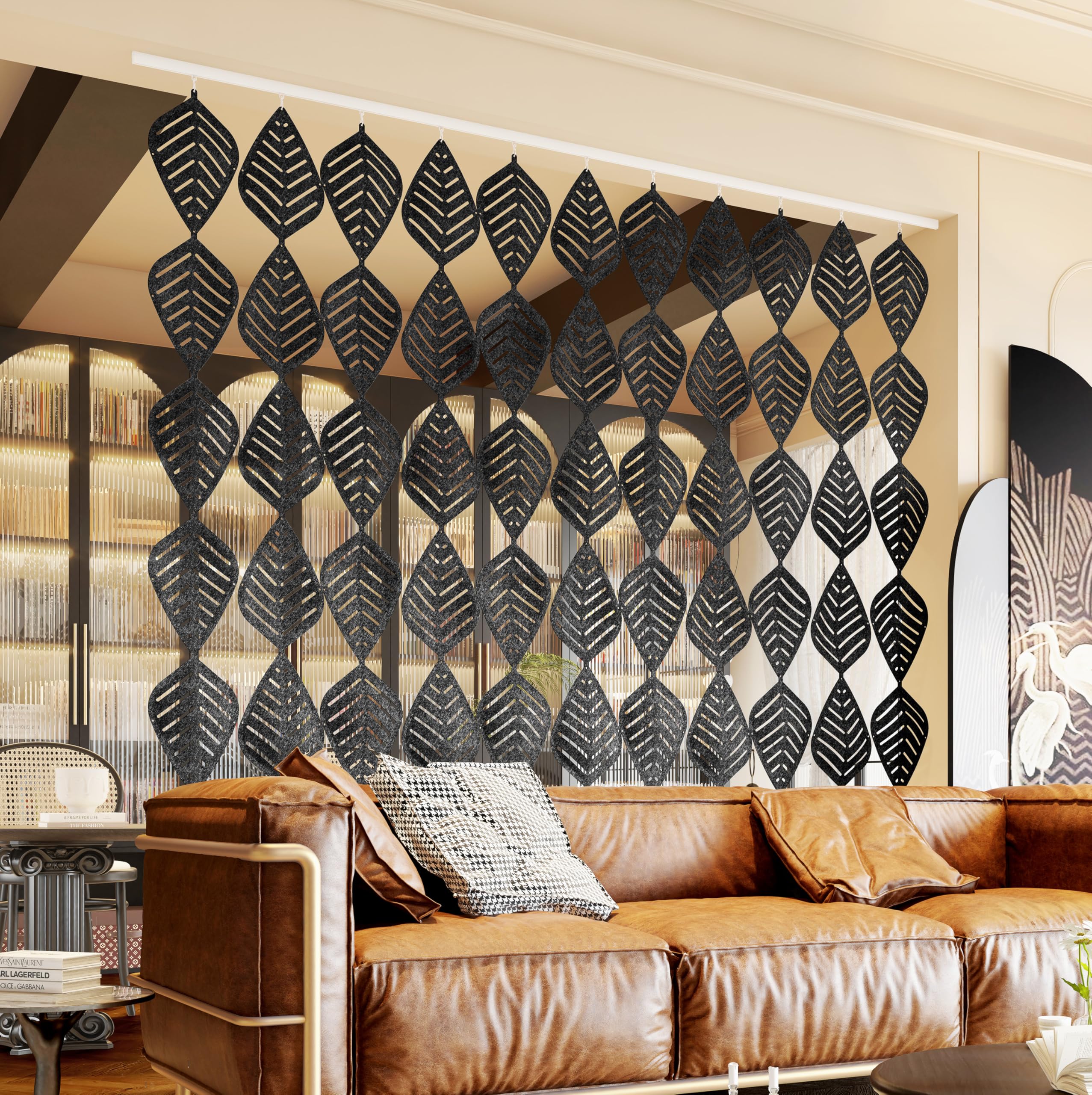 3D Leafs 12Pcs/Set 16.53"x10.24" Felt Fiber Surface High Density Polyester Board Room Hanging Screen Divider Home Panel DIY Home Decor (Black)