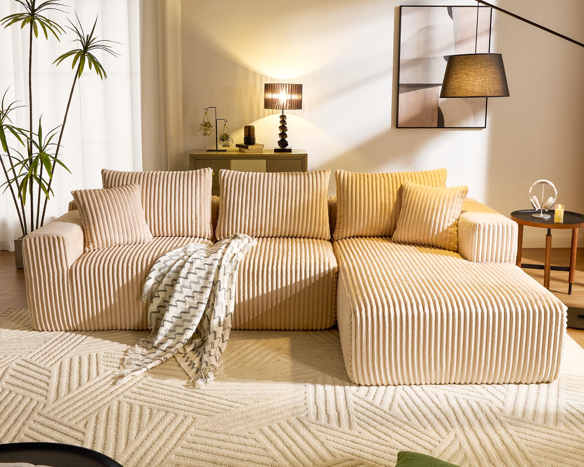 WorthFurni Cloud Modular Sofa Couch with L-Shape Chaise,Modern Sectional with Deep Seat, Upholstered Couches for Living Room Bedroom,No Assembly Required, Plush Corduroy Fabric 110.4"(Beige)