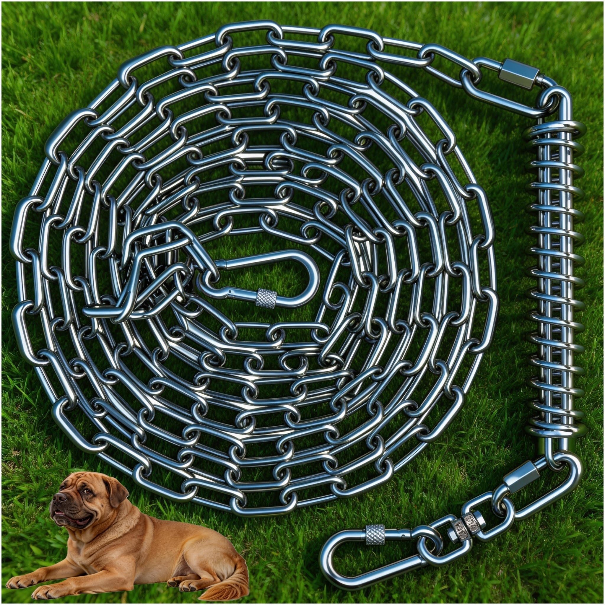 MOLANZ Heavy Duty Dog Tie Out Chain with Spring for Yard, 304 Stainless Steel 4MM Chew Proof Metal Lead for Large Dogs, 200lbs Shock Absorbing Dog Runner Cable (1 Spring+Chain/25ft) โ image 1