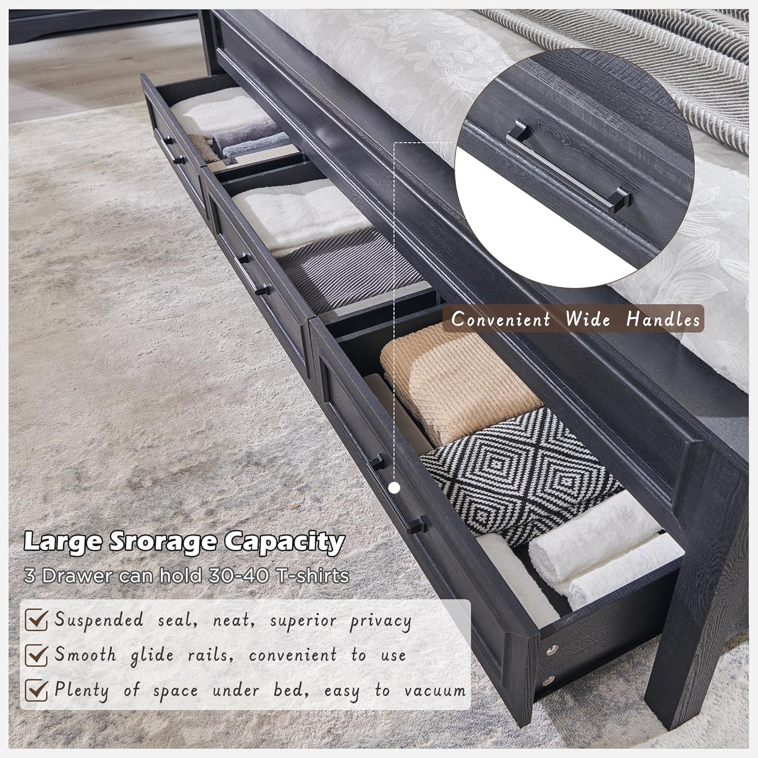 JXQTLINGMU Farmhouse Queen Wood Bed Frame with 52" Tall Headboard & 20" H Footboard, Platform Bedframe with Hidden Storage Drawers, Noiseless, No Box Spring Required, Black