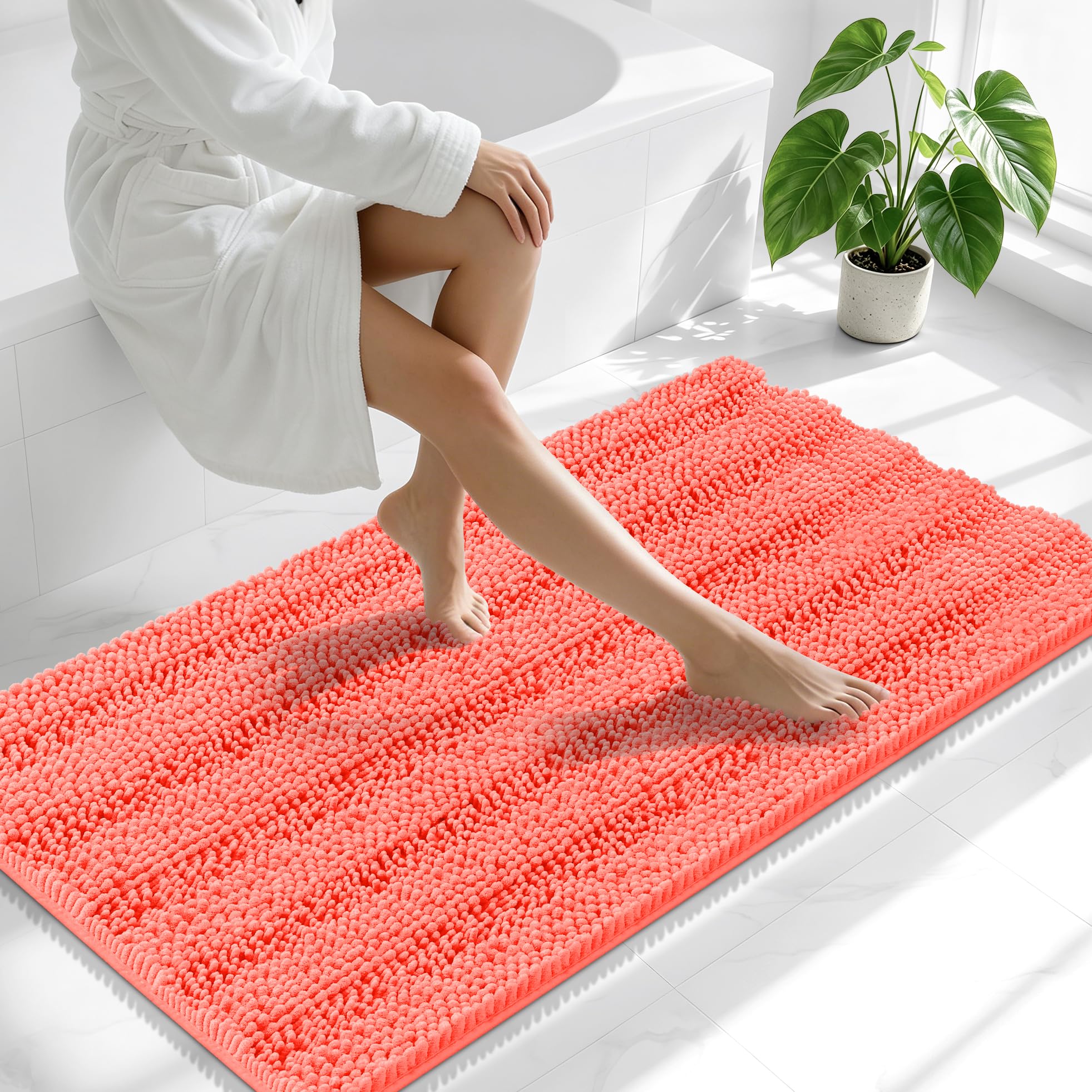 Smiry Thick Chenille Bathroom Runner Rugs 47x24, Absorbent Bath Mat, Coral