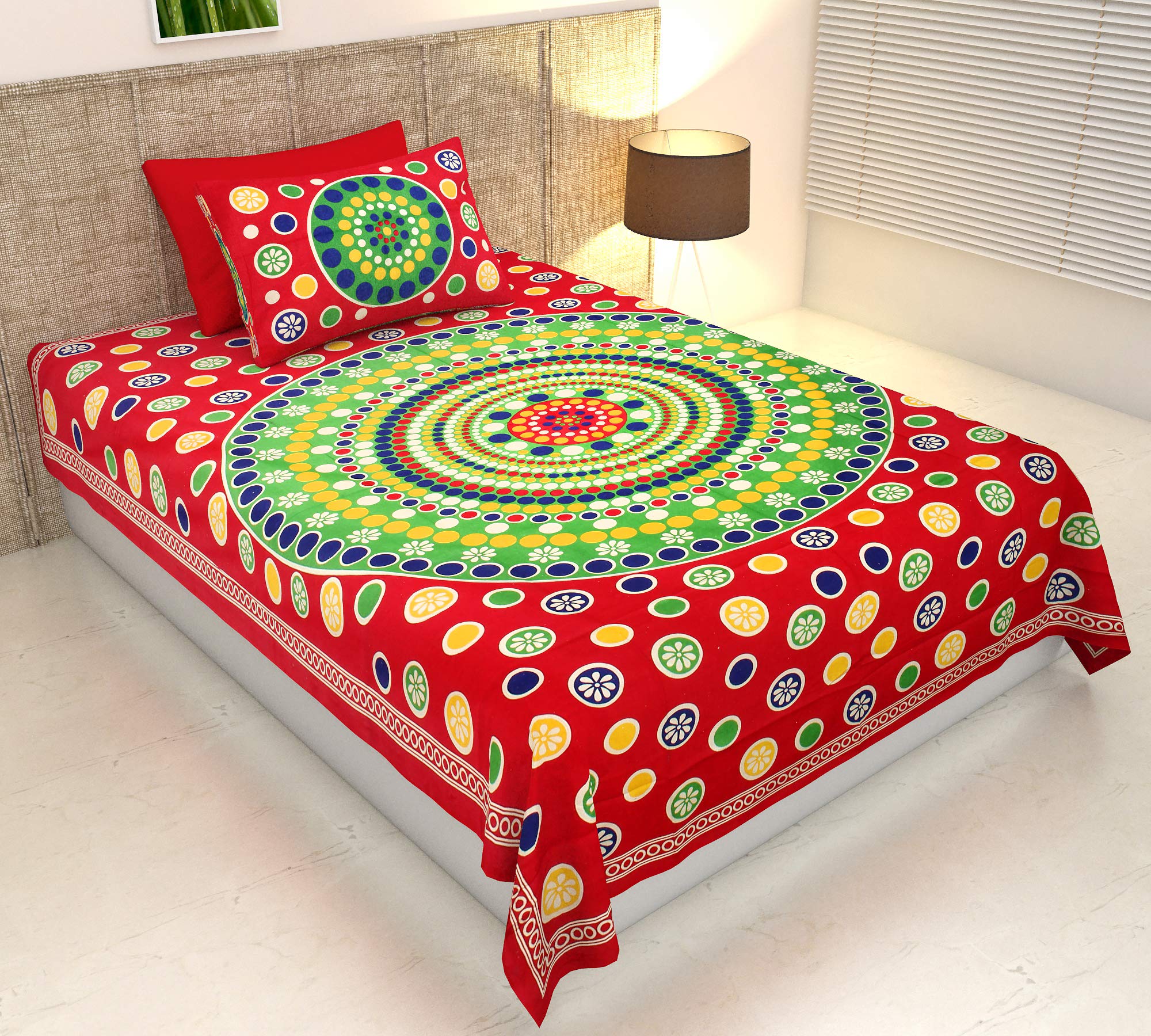 Home@shop We Believe in customers Satisfaction Comfort Cotton Rajasthani Traditional TC 144 Single Bed Printed Bedsheet with 1 Pillow Cover, Red