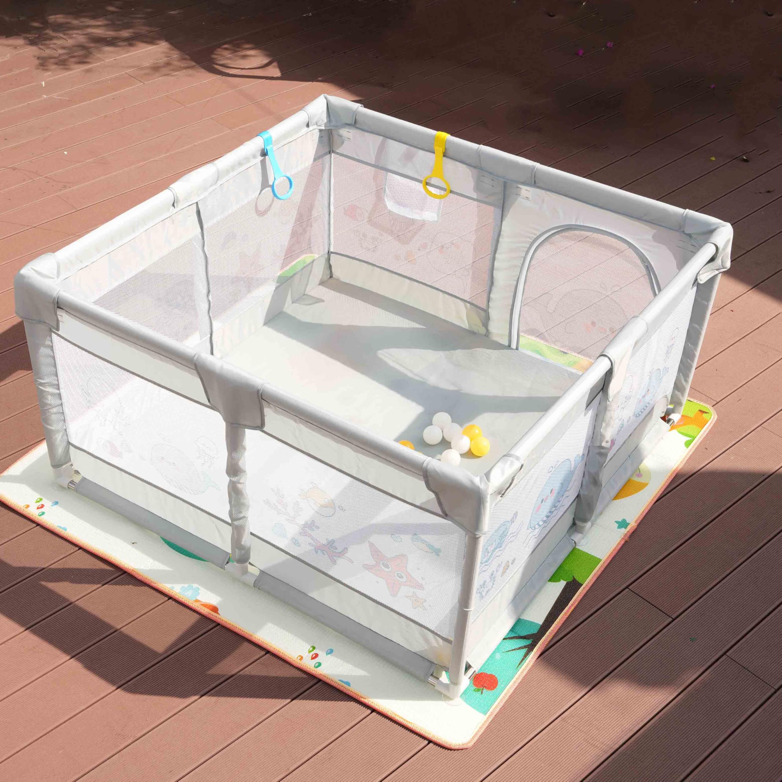 Dawnwake 120x120 cm Playpen for Baby up to 3 Years with Safety Lock & Anti-Fall Grasp Rings (No Ball/No Mat, Non-Foldable) - Grey