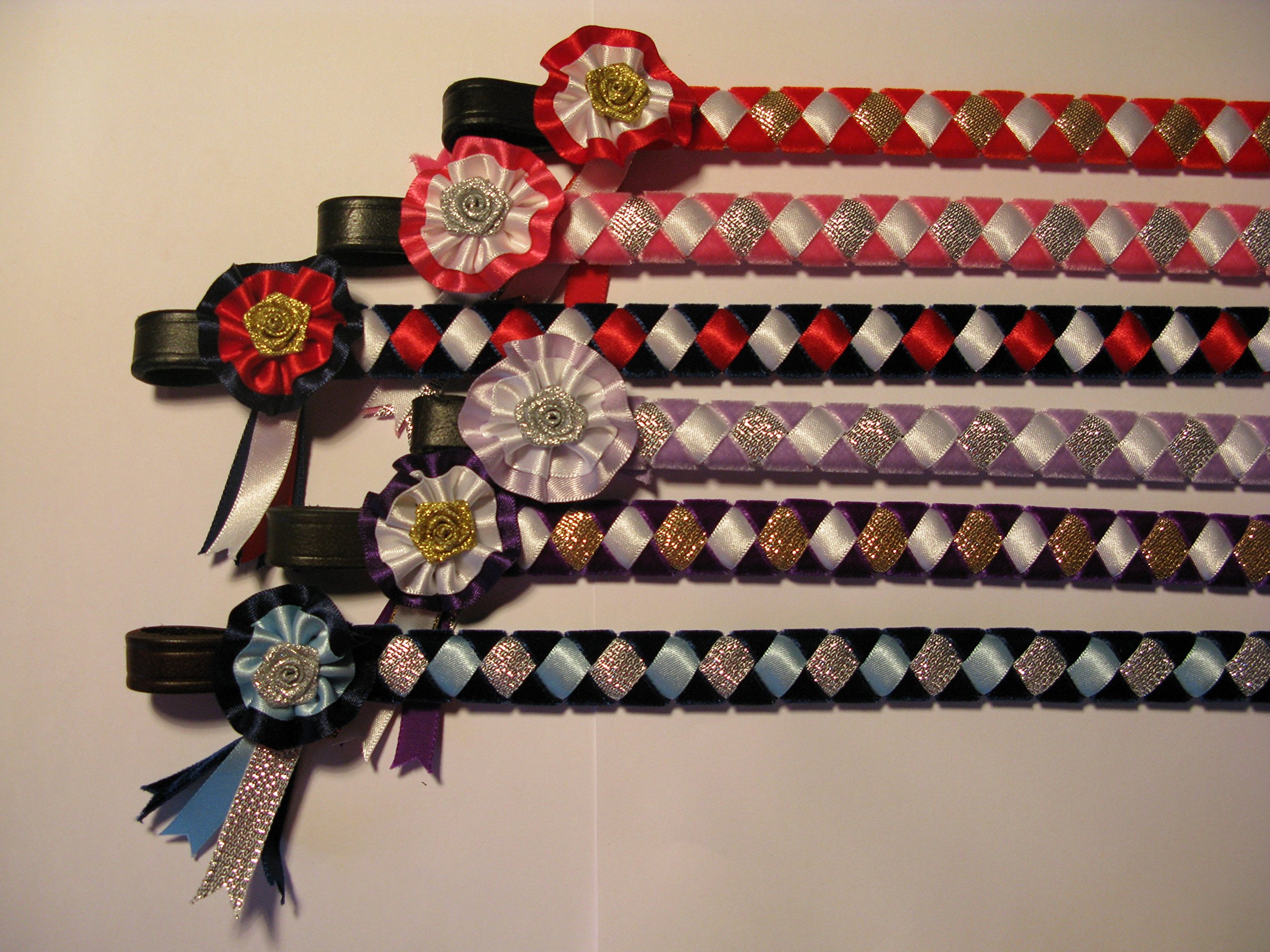 IV Horse Velvet and Satin Browbands with Mini Rosettes sizes small pony to extra full (Red White and Gold, Cob) — image 1