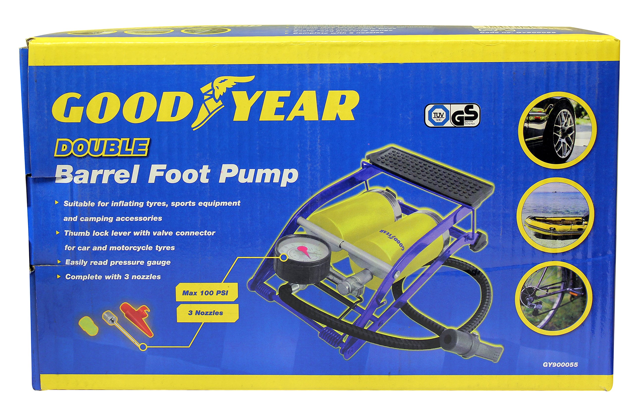 Goodyear by Vivo © Single/Double Barrel Cylinder Tyre Foot Pump Air Inflator Car Van Bicycle Bike Air Bed Football Inflatable